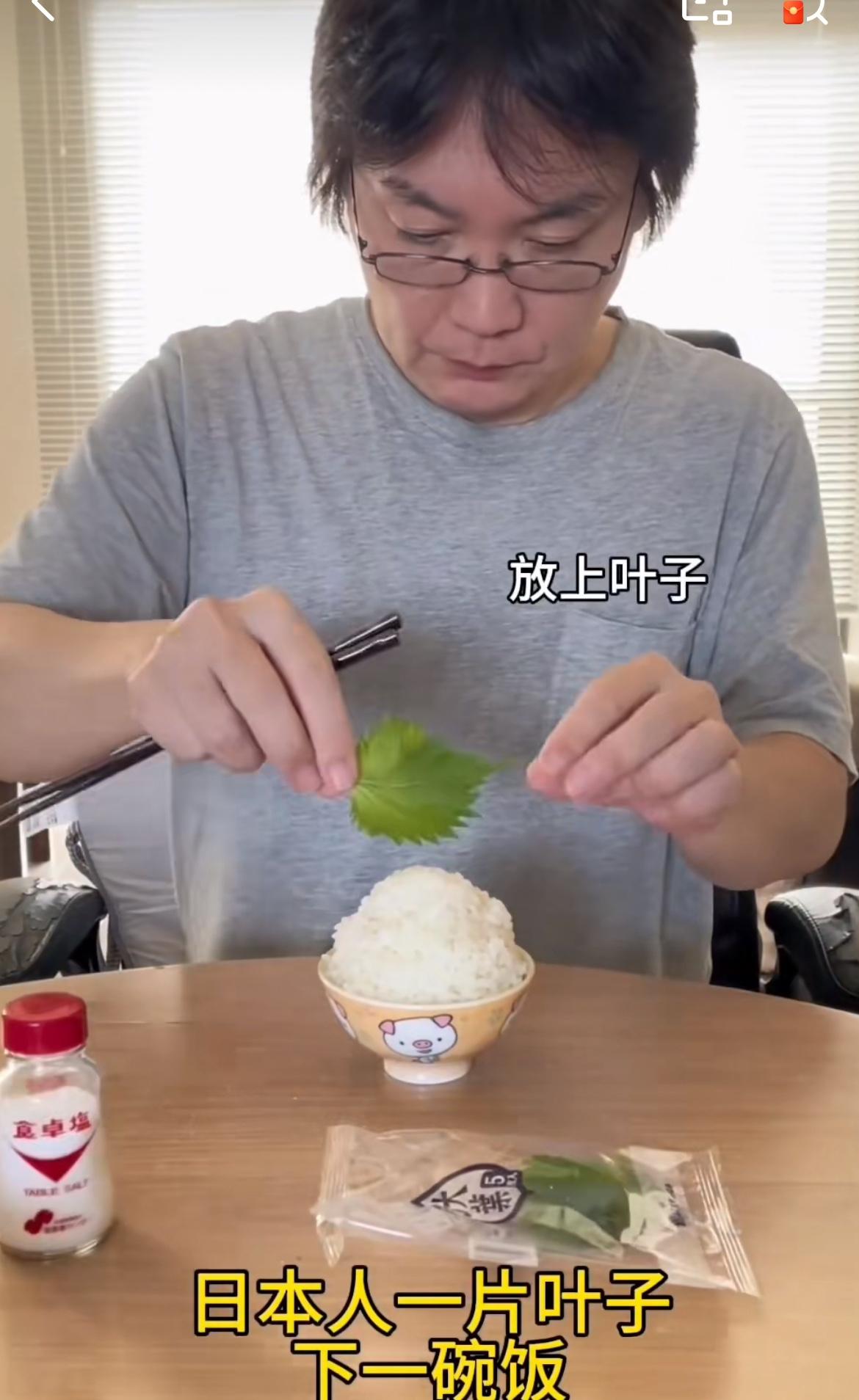 一个日本中年人的无菜无油晚餐。一大碗白米饭，配几片叶子，一丢丢盐，就是一餐。一大