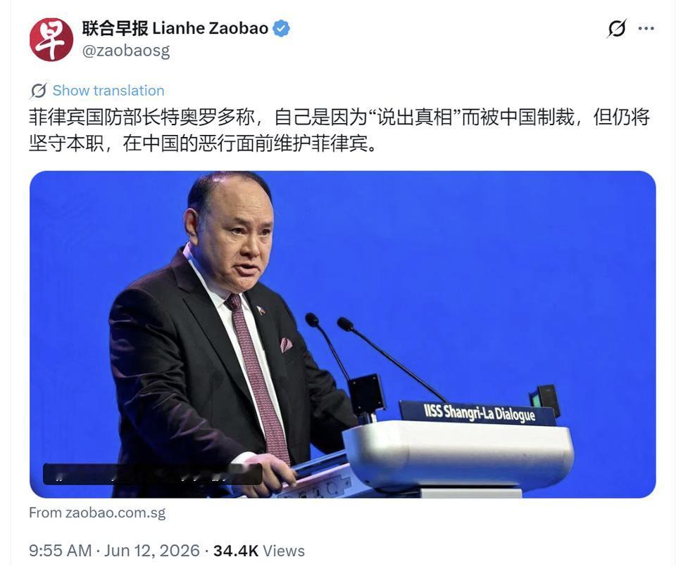 6月12日，新加坡联合早报报道：“菲律宾国防部长特奥罗多称，自己是因为‘说出真相