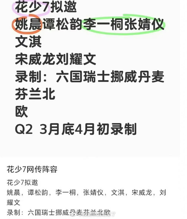 花少7拟邀名单：姚晨、谭松韵、李一桐、张婧仪、文淇、宋威龙、刘耀文地点：六国瑞士