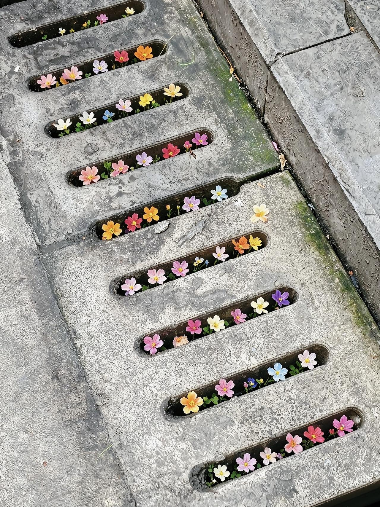 不是所有花，都要开在花店里”。
下水道盖板里的酢浆草，用最倔强的姿态，开出了一整