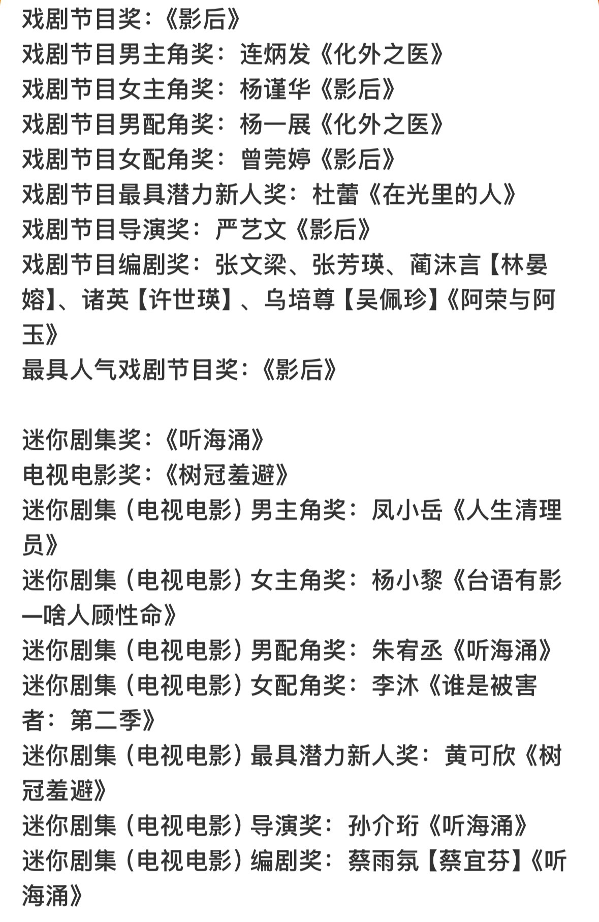 金钟奖获奖名单第60届台湾电视金钟奖戏剧类今日颁奖~《影后》夺得戏剧节目奖等5项