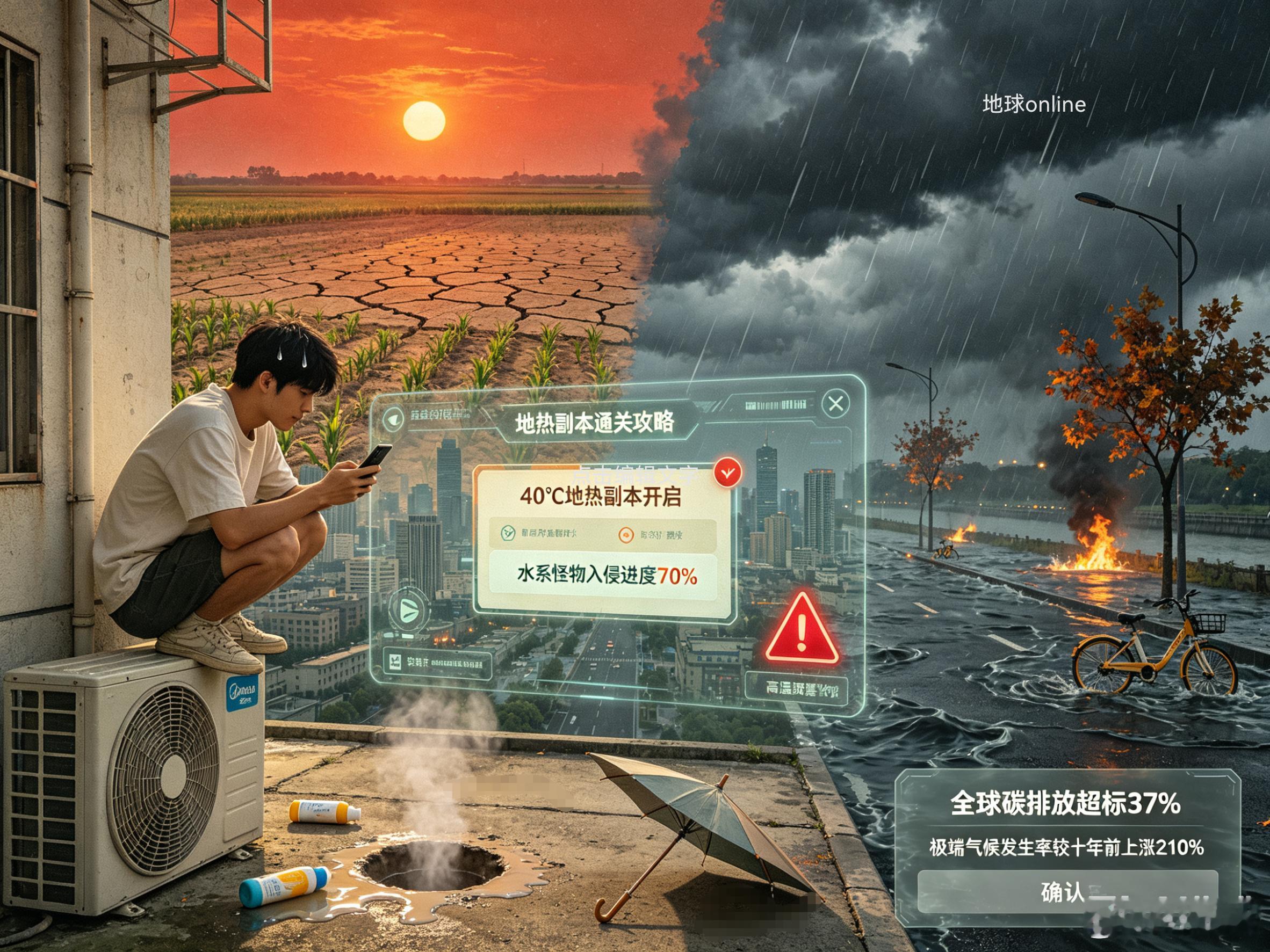 地球online遇到史前大危机你在40度高温下自嘲“地热副本开局”，在暴雨倾盆时