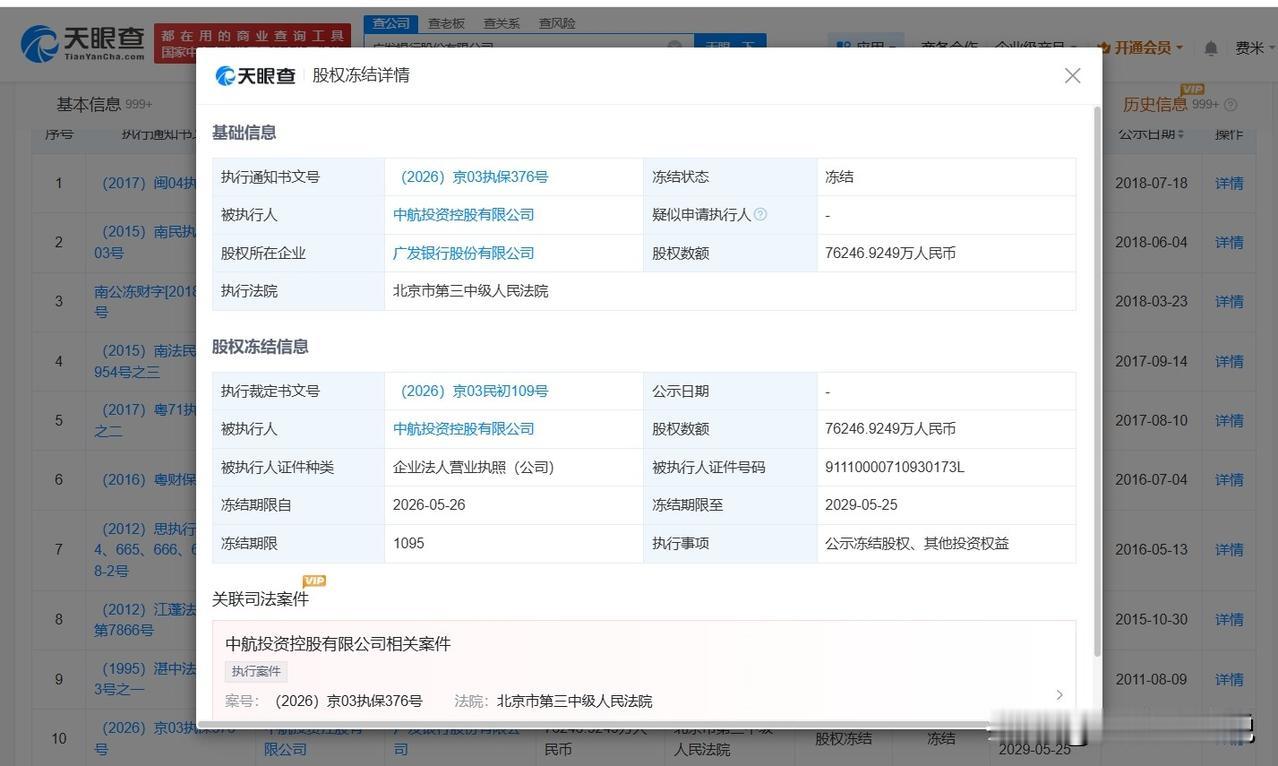 【广发银行7.6亿股权被冻结 中航投资所持广发银行7.6亿股权被冻结】
天眼查法