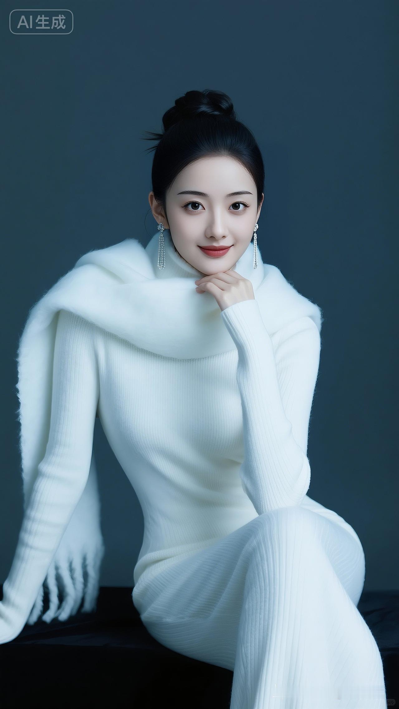 美人高盘发配长耳坠，着高档白色高领紧身连体毛衫长裙，围超宽白围巾，深灰背景冷蓝光