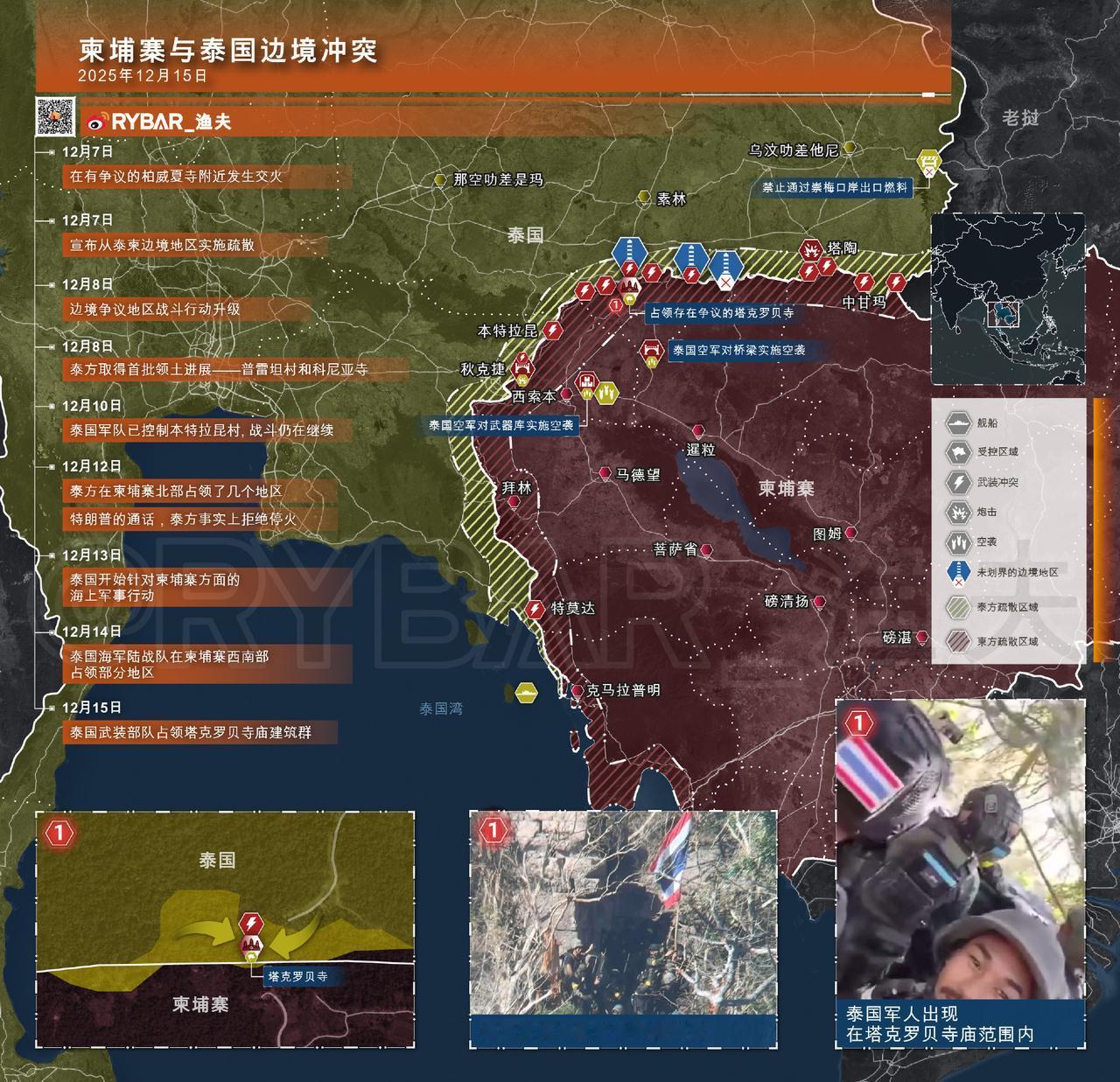 截止2025年12月17日，在战争进入第十天后，泰国军方决定对柬埔寨进行柔性海上