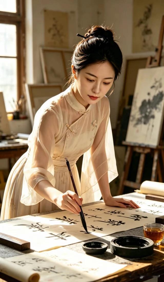 素衣温婉坐书堂，
轻握狼毫落墨香。
窗透柔光铺素纸，
力透纸背笔法畅。