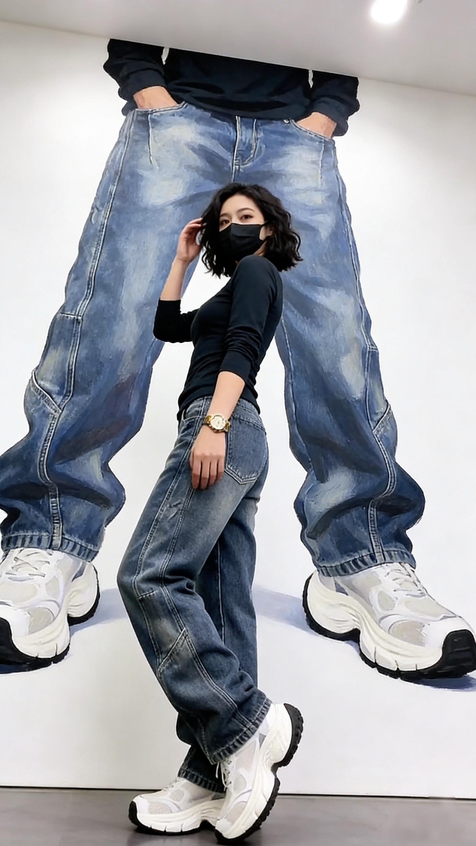 冬季加绒拼接休闲牛仔裤美式潮牌直筒裤水洗做旧男潮流休闲裤长裤