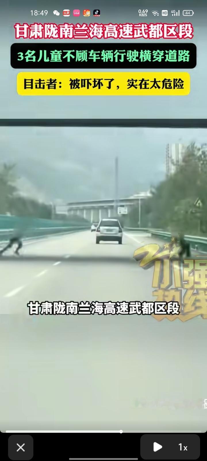 10月6日，甘肃陇南。网友发视频称，在兰海高速武都区段有三名儿童不顾车辆行驶横穿