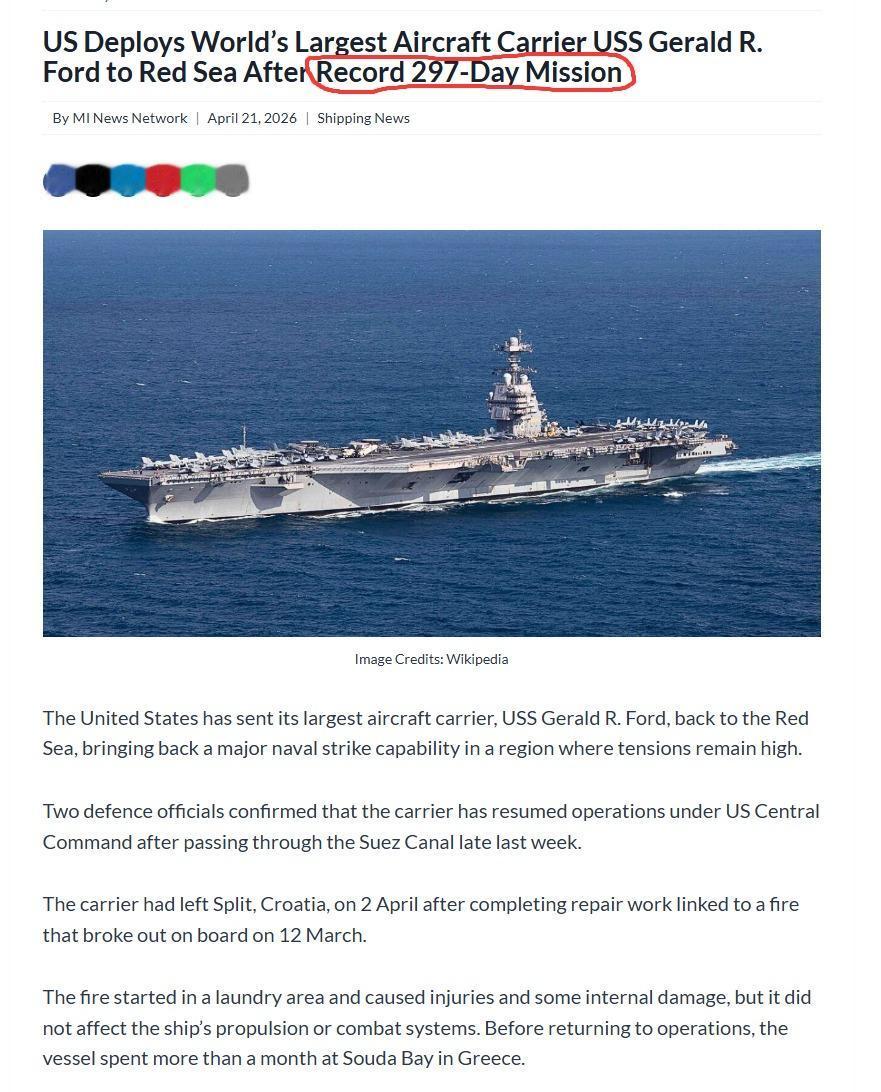 “福特”号航母本次部署周期已经达到297天，现在又再次返回红海，按照目前趋势，大