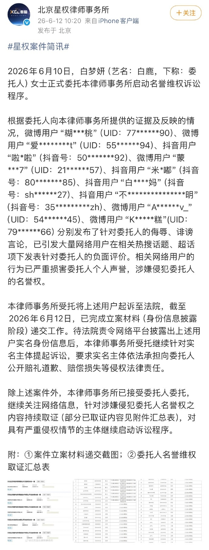 白鹿多平台告黑白鹿针对最近舆论告黑 白鹿方针对最近舆论启动名誉权维护，多平台告黑