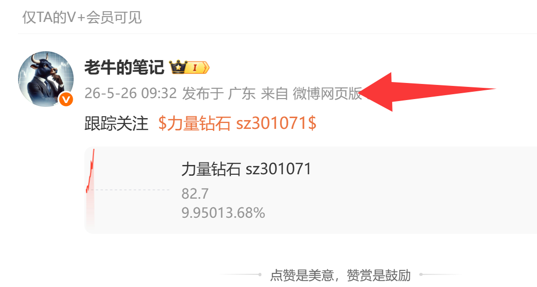 好样的！5月26日跟踪关注的  $力量钻石 sz301071$ 今天表现非常给力
