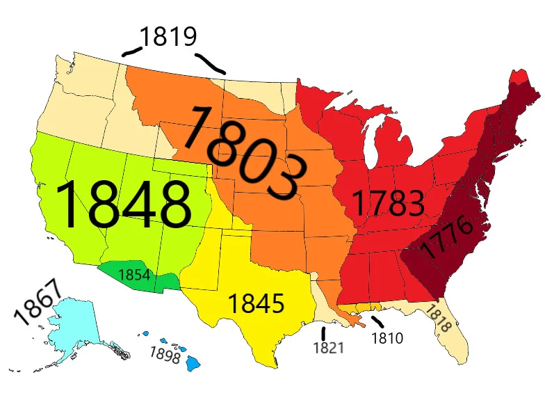 美国领土扩张步骤，1776年仅有深红色十三州(中红色可能起初是印第安人保留地)