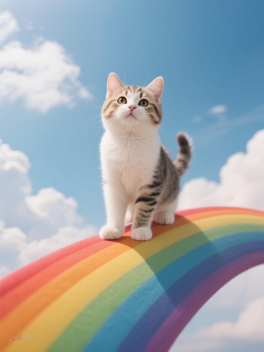 AI妙生图一只小猫站在彩虹之上，仿佛置身梦幻，也许生活就该有这般奇幻的色彩