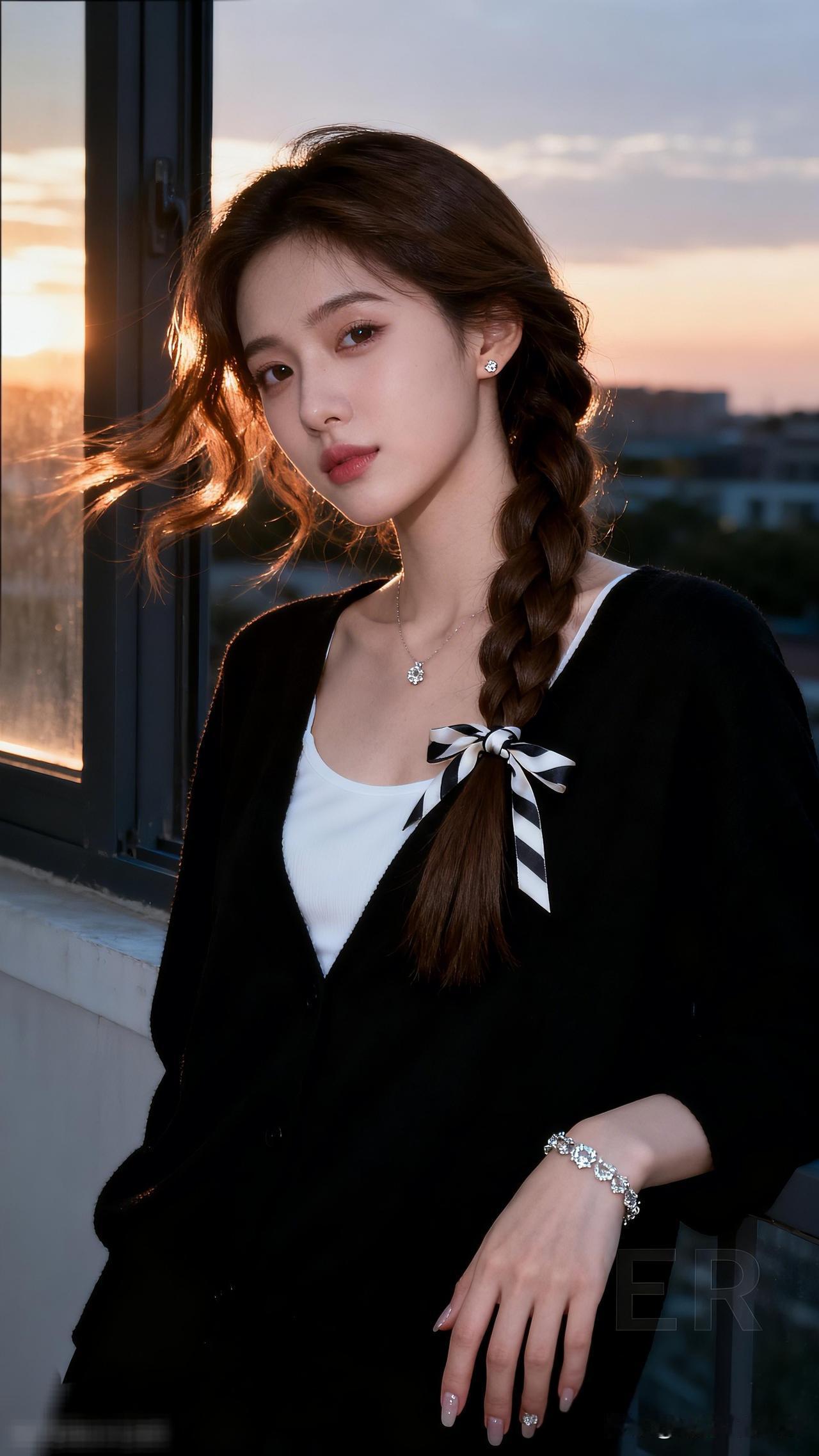 日暮倚窗看，风起发丝扬。端庄和性感谁更胜一筹? 优雅少女风，夕阳下的温柔瞬间🌅