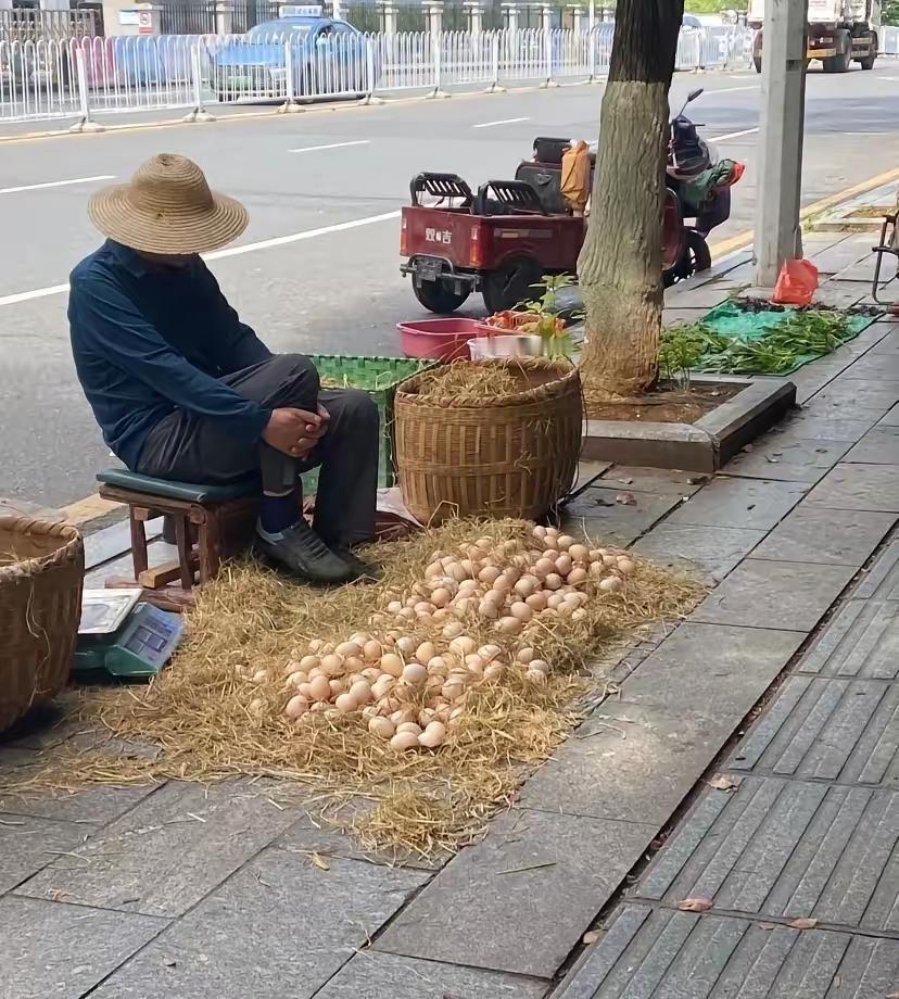 等待有缘人？
这是一个悠闲的摆摊人，摆不摆摊在俺，买不买鸡蛋在你，有人说：买卖好