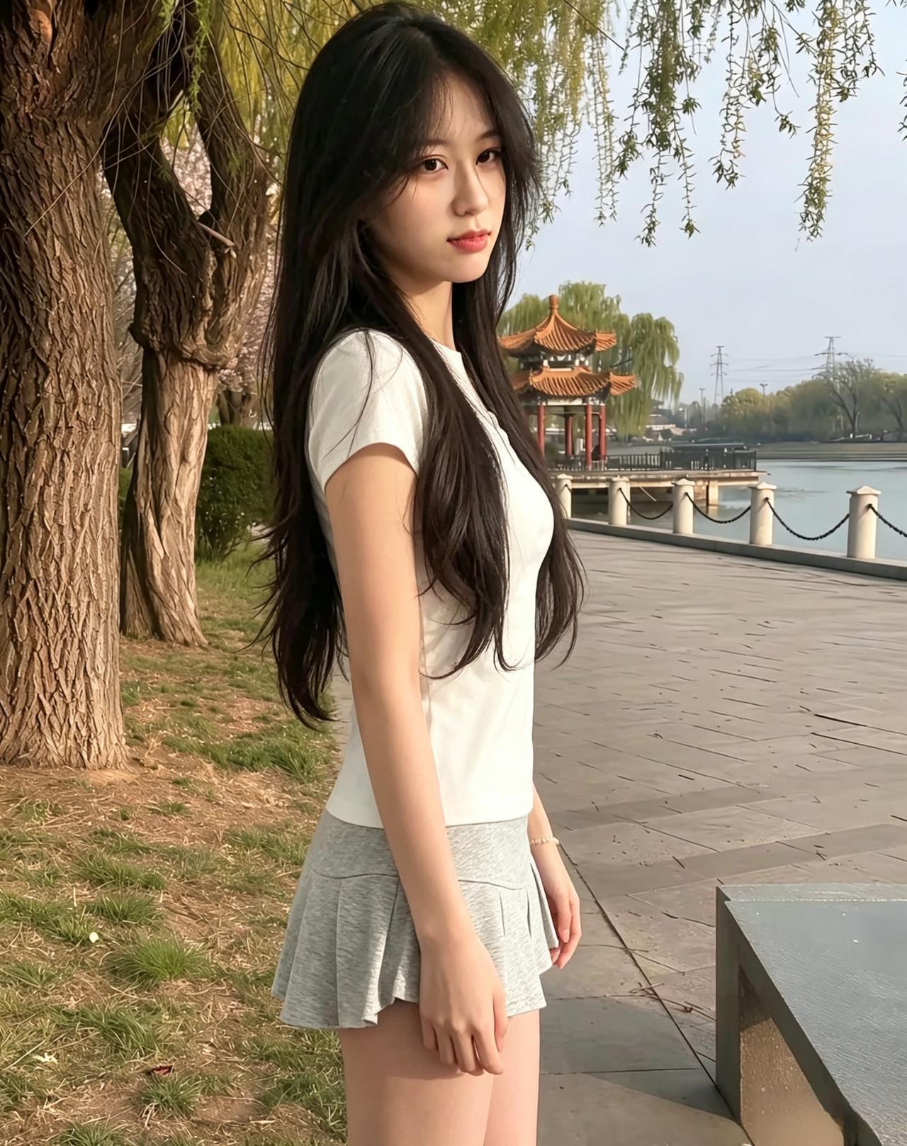 长堤柳色染晴光，纤影亭亭立水旁。
一袭素衣清似水，天然风韵艳群芳。