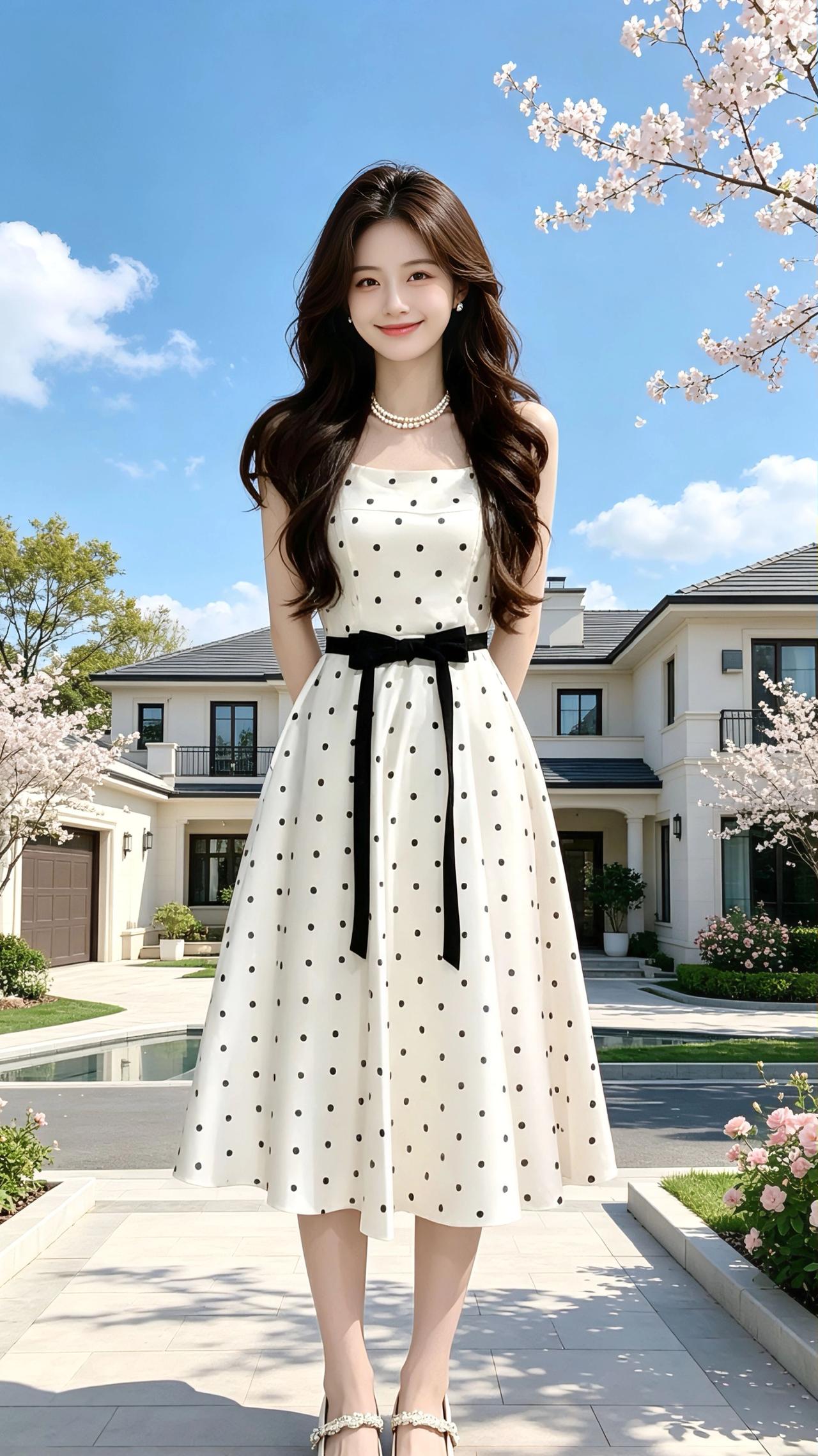 波点裙与春日序章
 
风把春日揉成了温柔的信笺，落在米白色的波点裙摆上，每一个黑