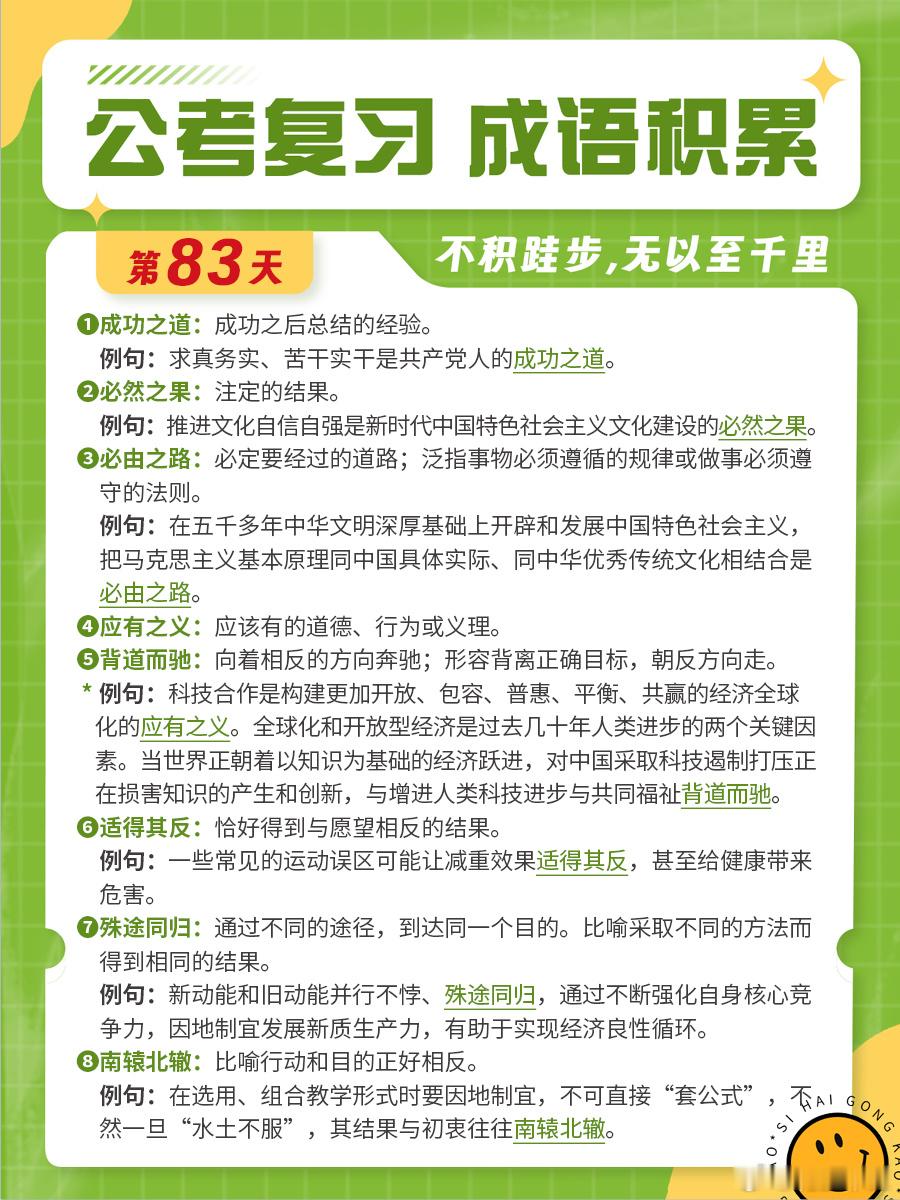成语积累第八十三天成功之道 必然之果 必由之路 应有之义背道而驰 适得其反 殊途