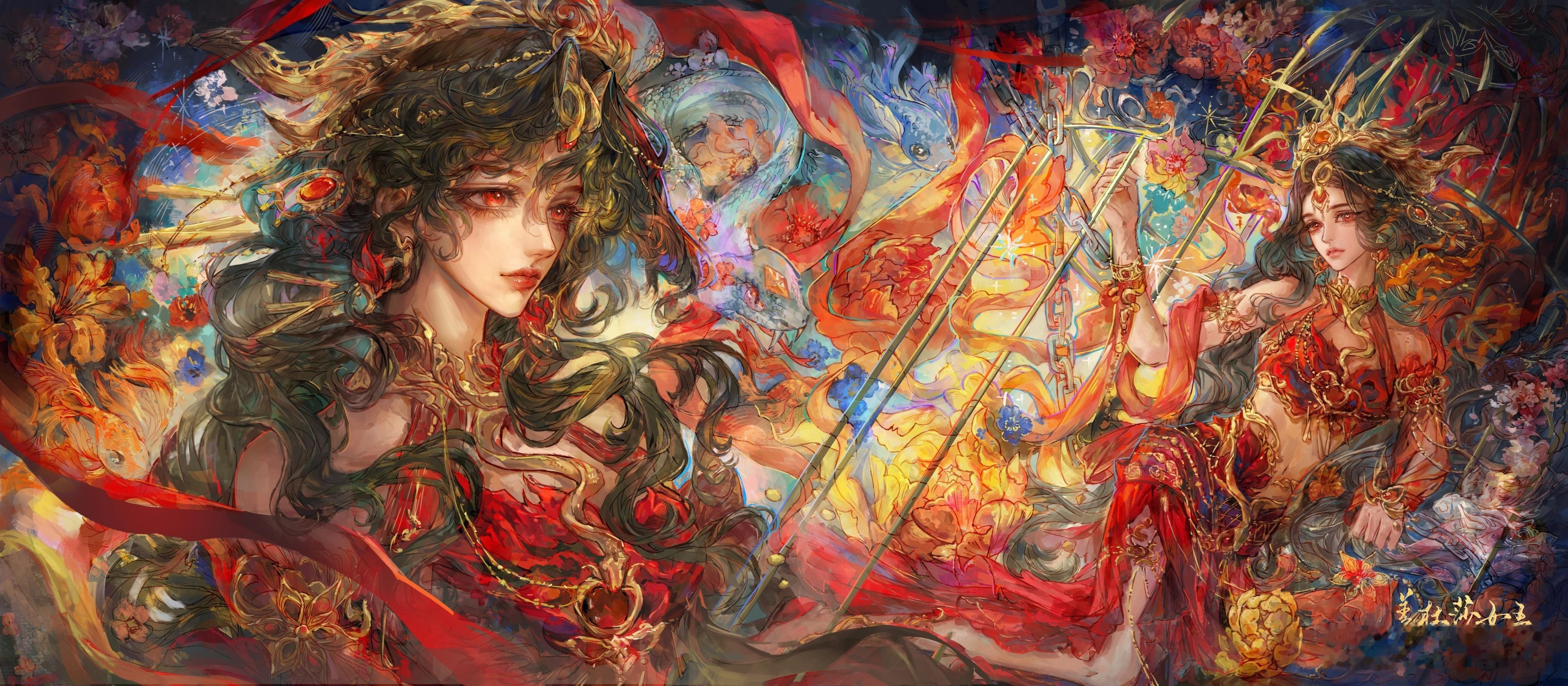 绯绸漫卷锦花稠，金缕缠鬟媚骨柔。灵蟒藏香笼绮梦，双姝艳绝一帘秋斗破苍穹 | 美杜
