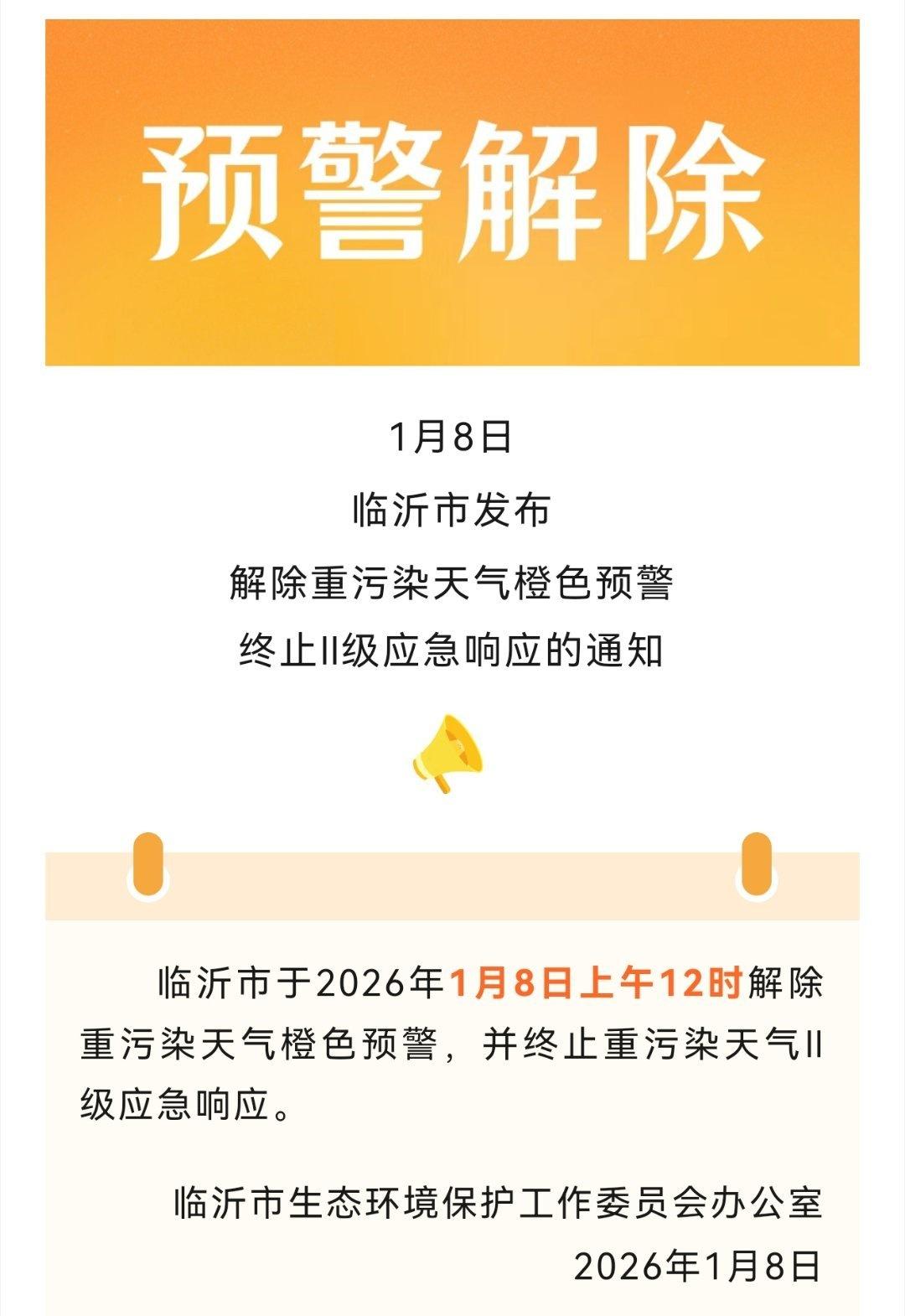 临沂市于2026年1月8日上午12时解除重污染天气橙色预警，并终止重污染天气Ⅱ级