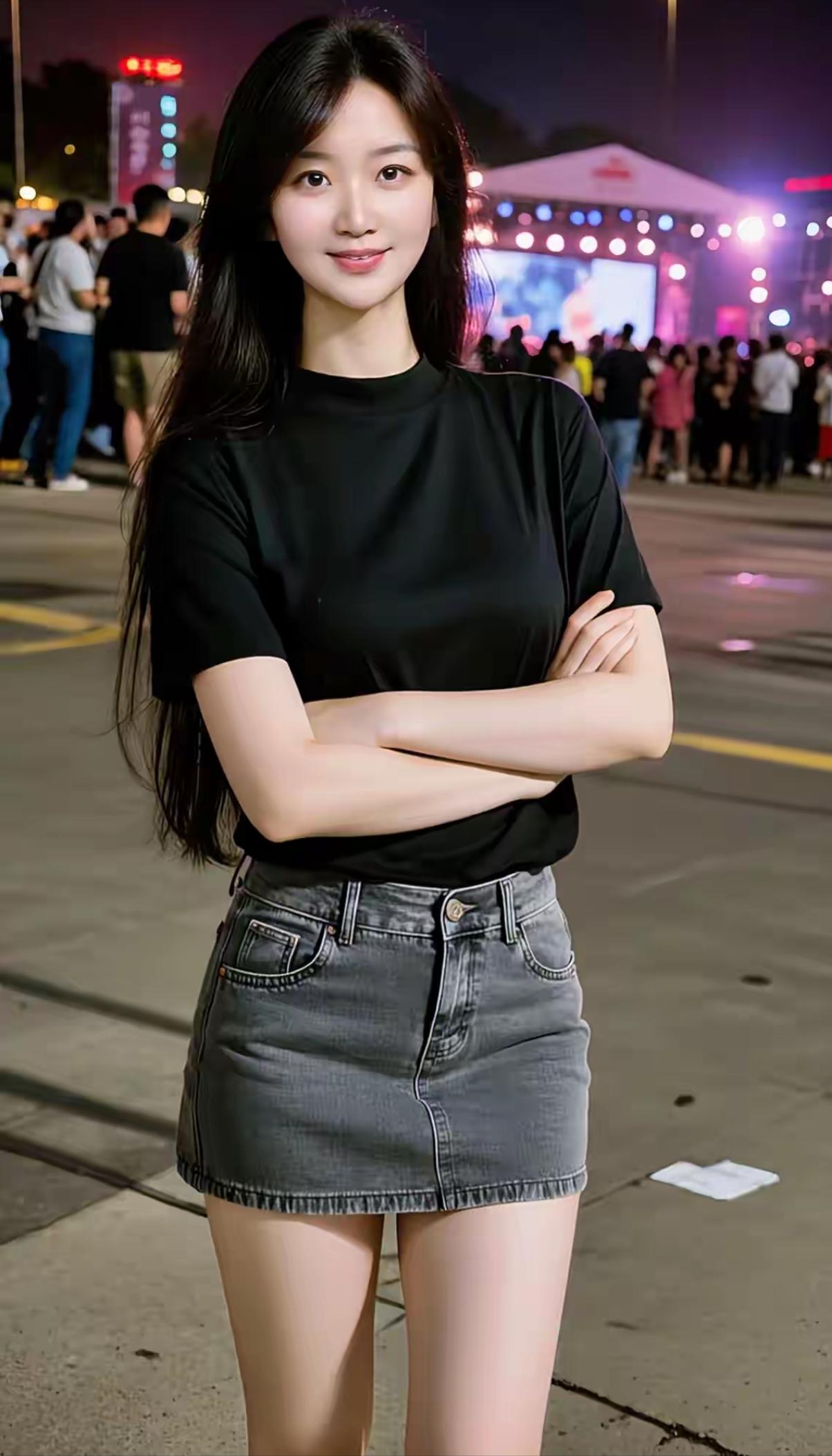 夜市里的简约穿搭✨
晚上逛夜市，穿着舒适好看是关键。
我挑了件黑色短袖，简约耐脏