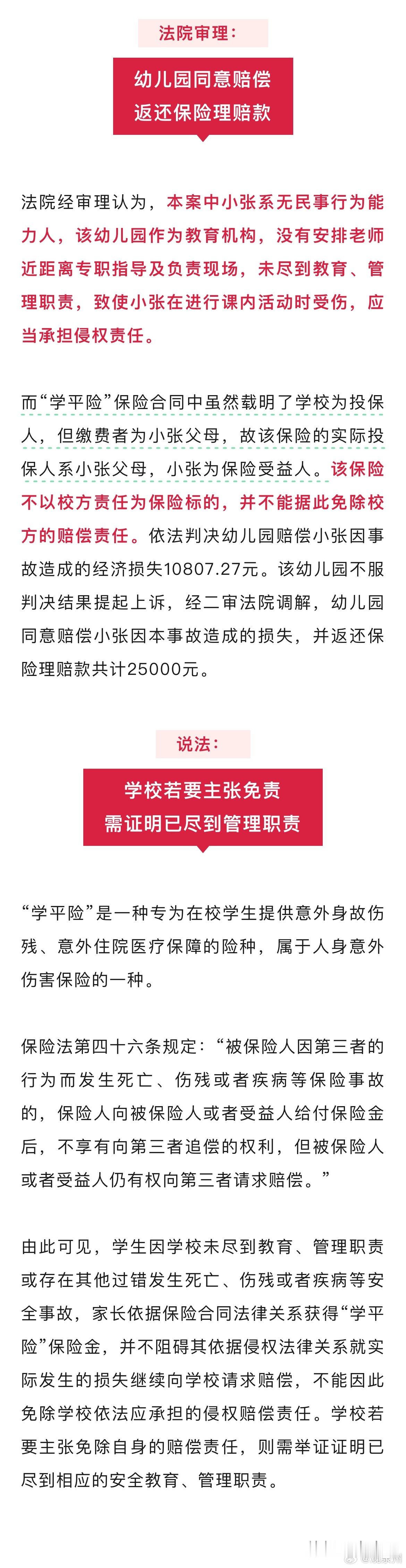 #泉州一幼童在校受伤幼儿园取走理赔款#2023年5月，6岁的小张在泉州一幼儿园组