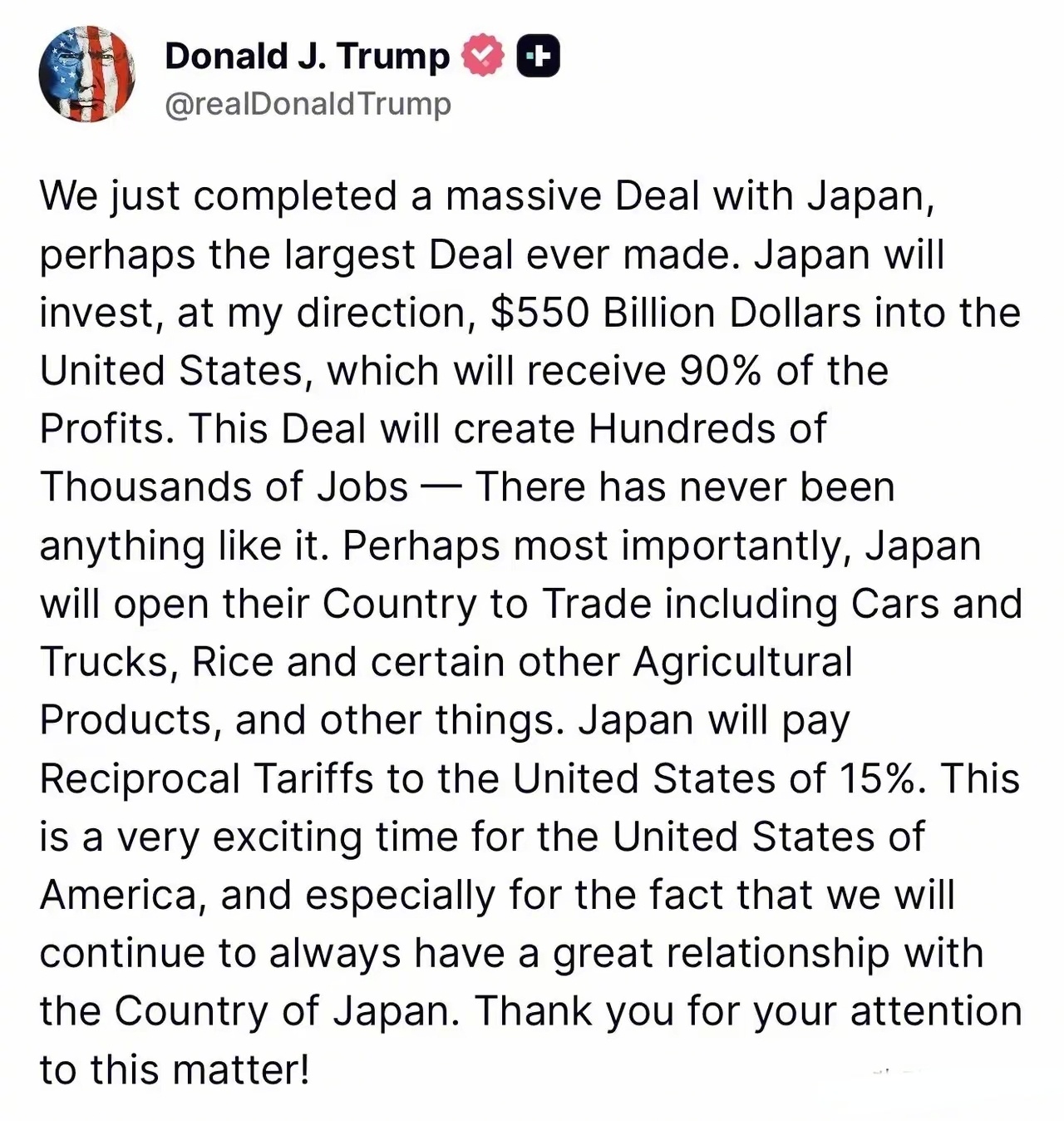 特朗普称与日本达成一项巨大协议 特朗普发帖说：“我们刚刚与日本完成了一项重大的协