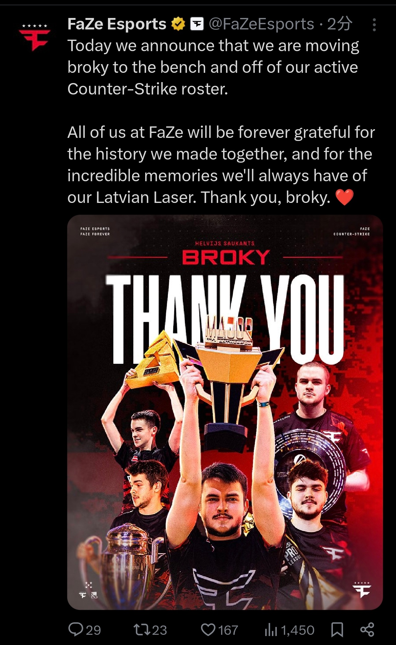 再见，箱神！FaZe官宣将🇱🇻broky下放替补席，移出CS现役主力阵容。“
