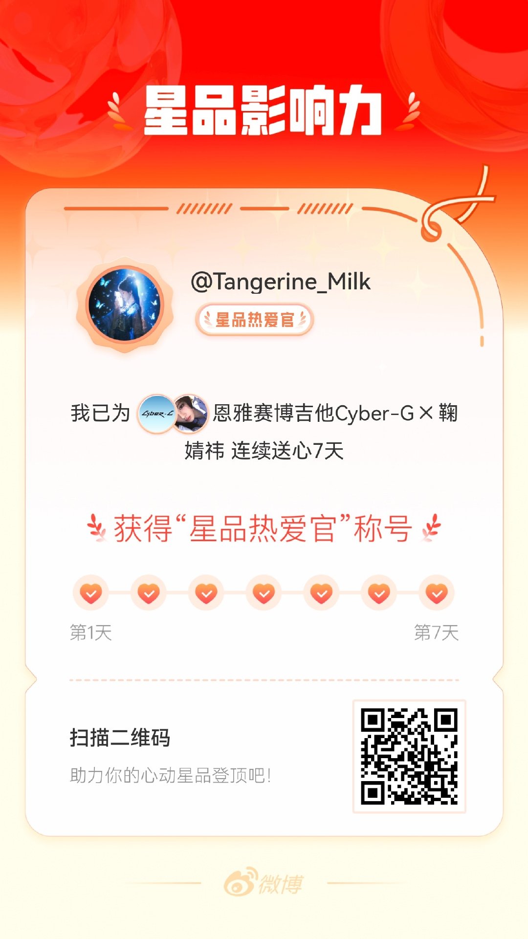 我在星品影响力上为 X 连续送心7天，获得“星品热爱官”称号！快来一起pick你