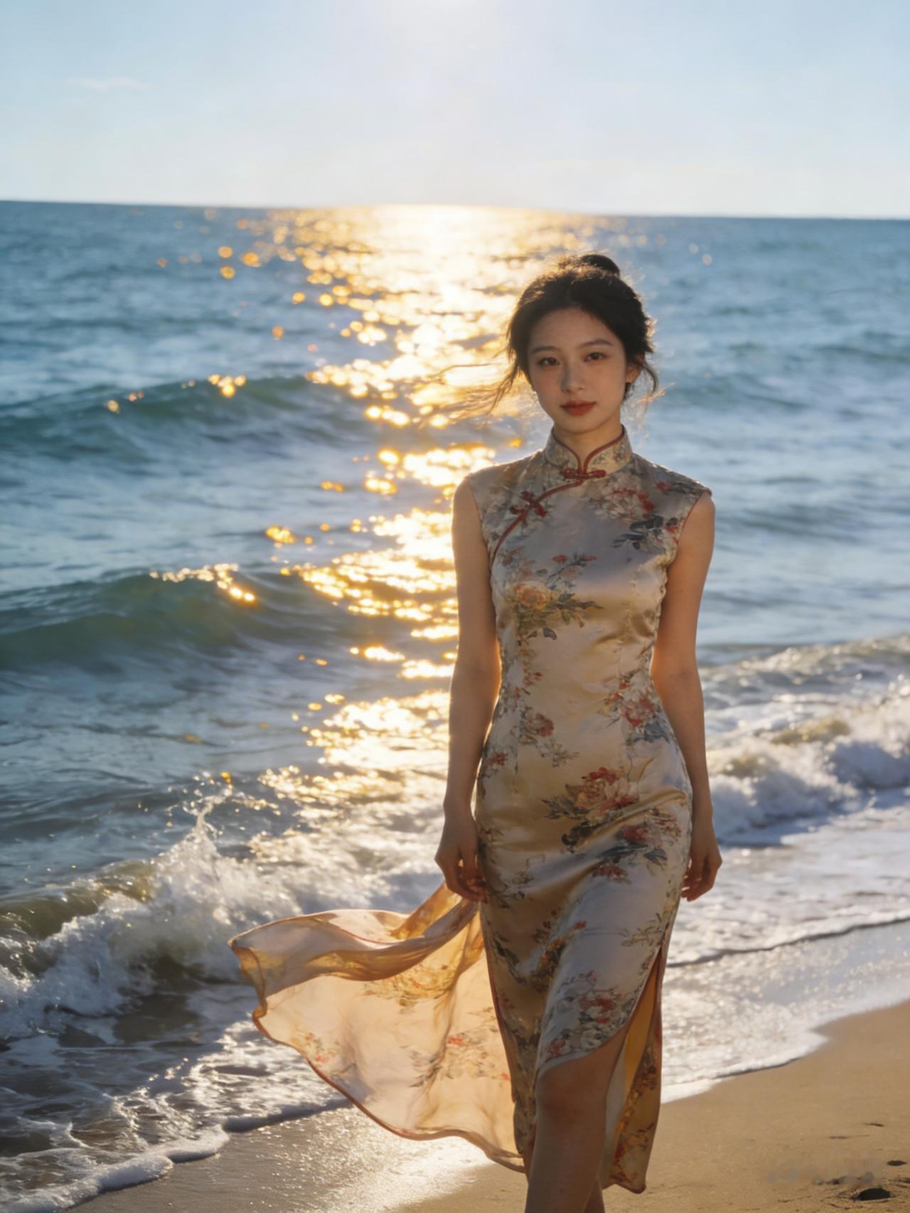 海风轻拂，旗袍摇曳，
一颦一笑皆是东方韵味。
蓝天下，海浪边，
把温柔与优雅藏进