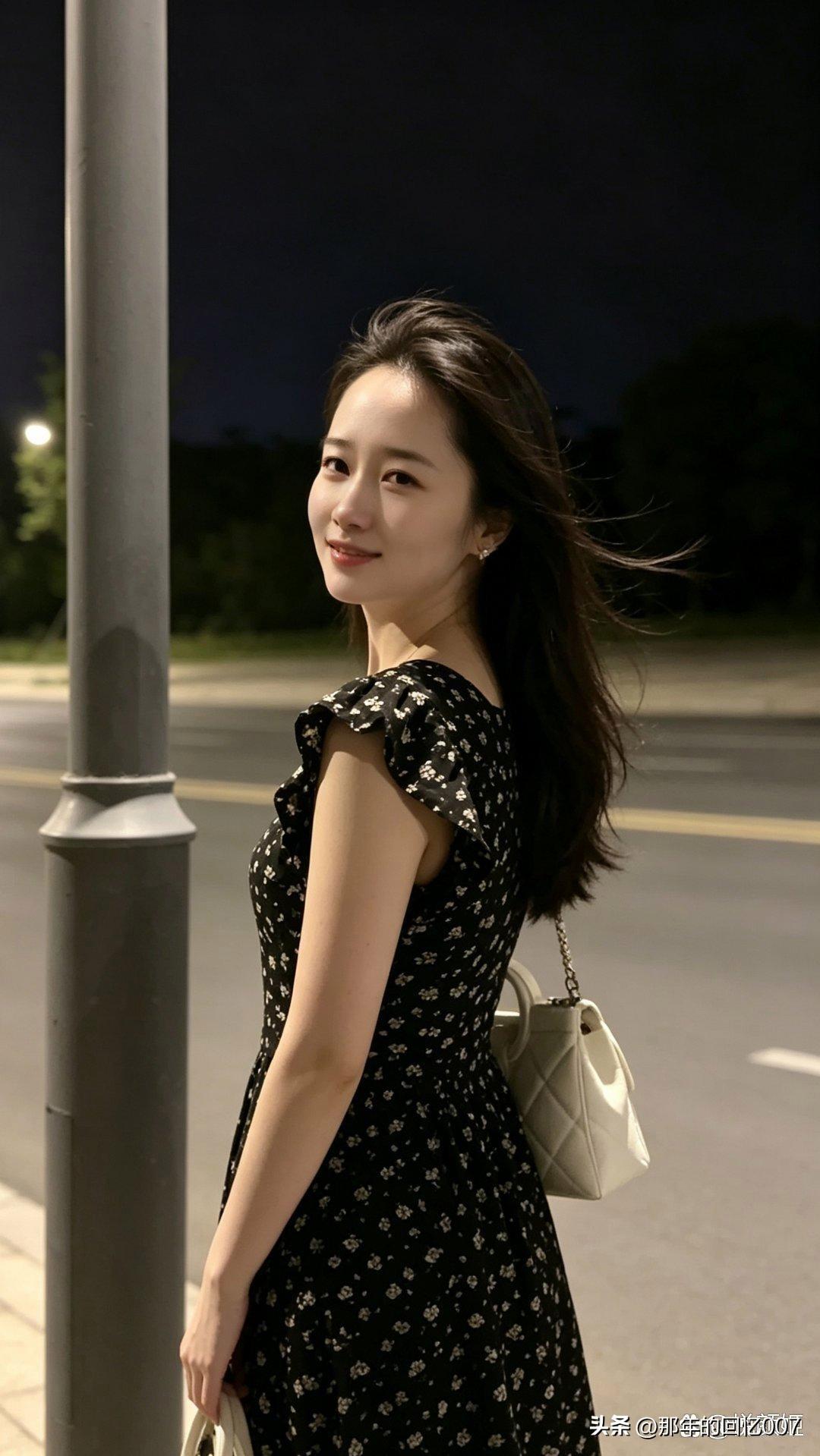 夜晚街头的优雅少女，黑裙白花，手提包相伴，微笑如春风。