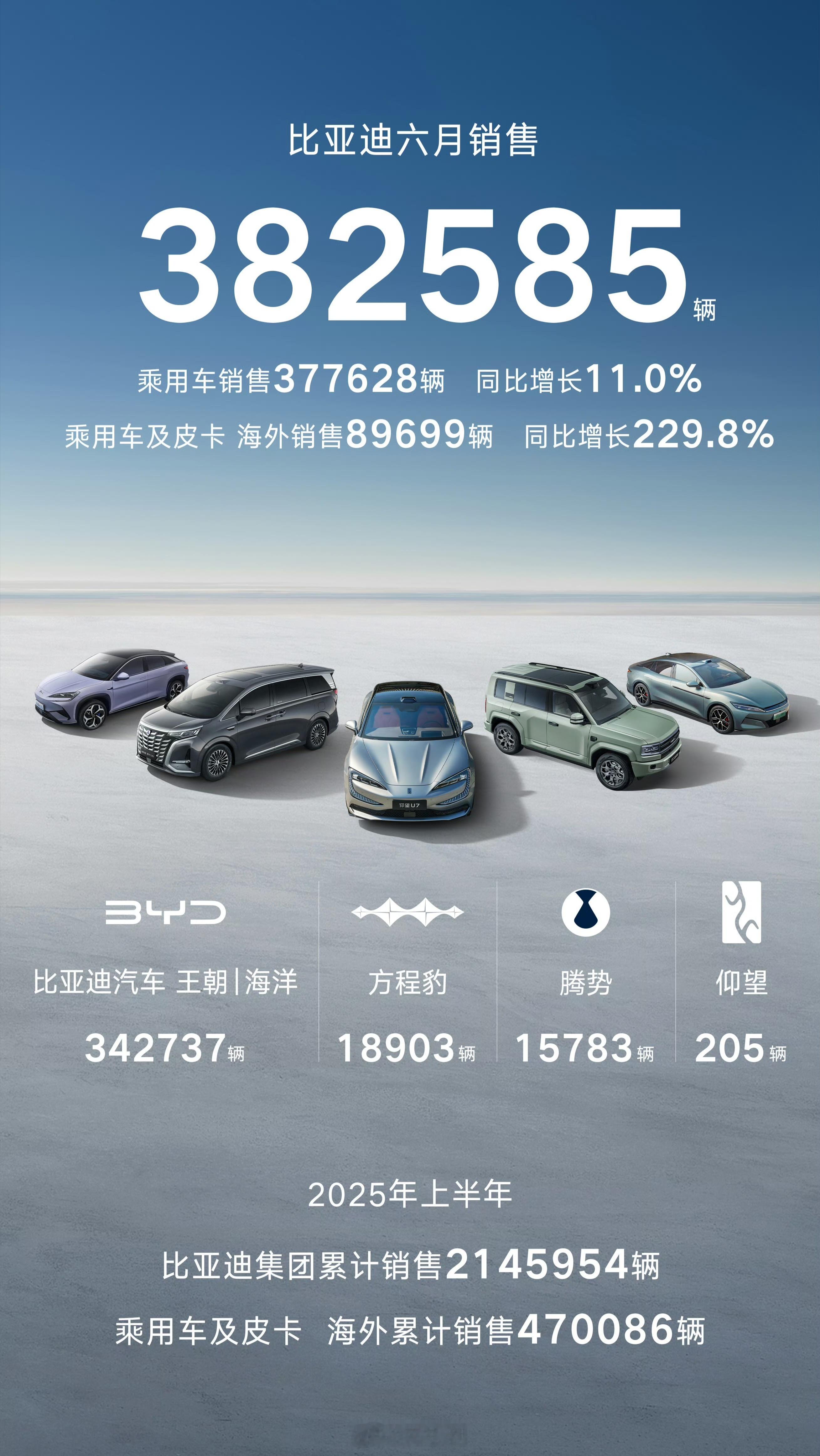 2025年6月核心中国汽车集团销量No1：比亚迪销售382585辆 同比增长11