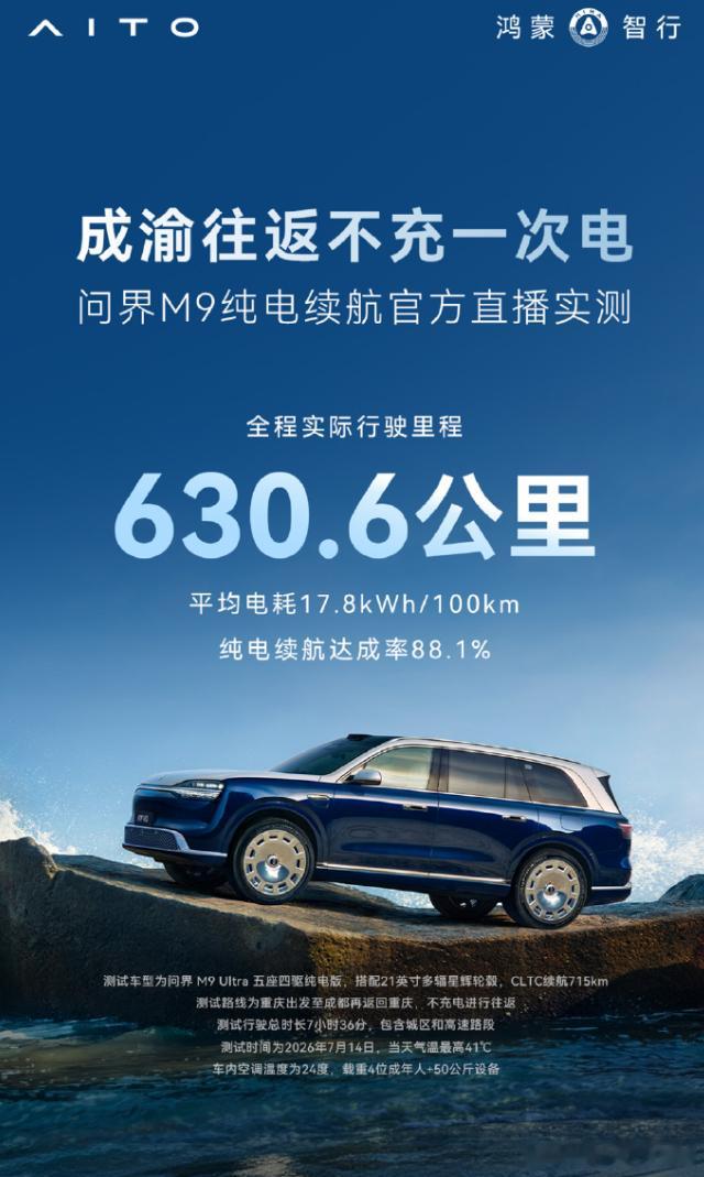 前端时间鸿蒙官方用问界M9纯电续航实测630.6公里，平均时速83.7km/h，