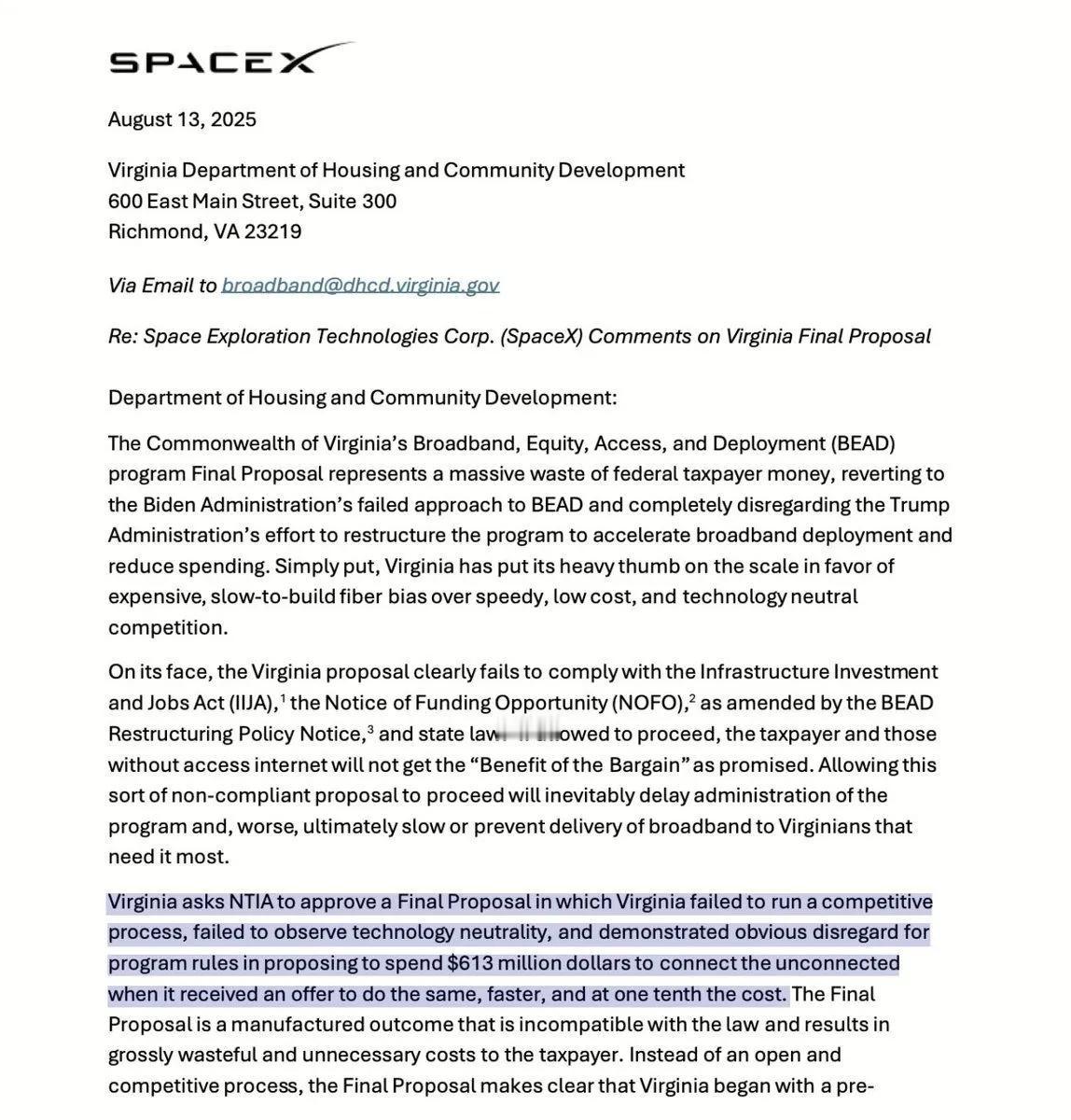 🇺🇸 SPACEX 抨击弗吉尼亚州 6.13 亿美元宽带计划

SpaceX