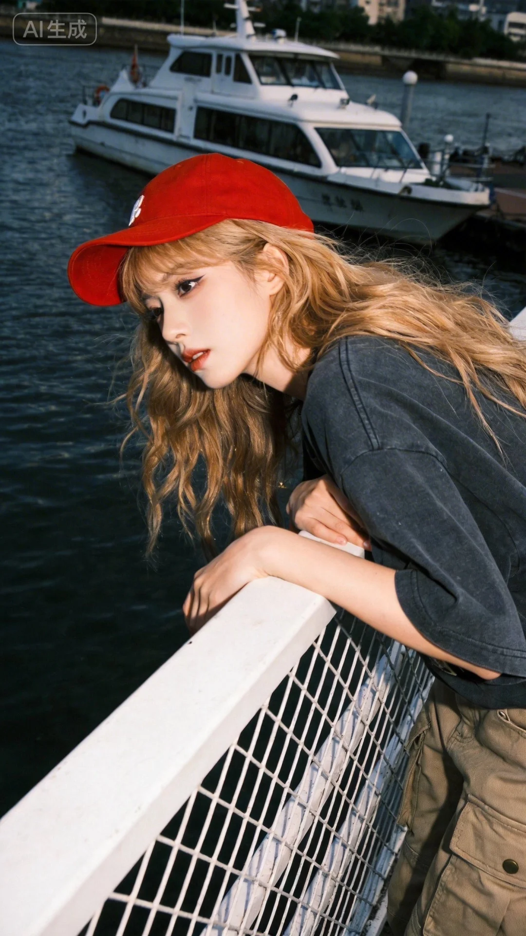 真实摄影，鞠婧cosplay，幼态脸，亚麻色长发，戴着红色棒球帽，穿着...