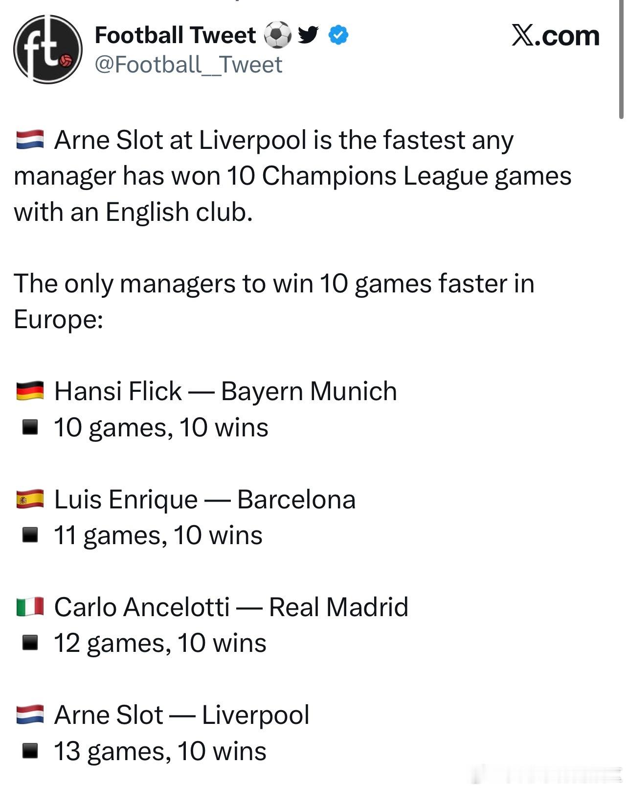 斯洛特成为英超球队主教练最快在欧冠拿到10胜的主教练，只用了13场。另外三场除了