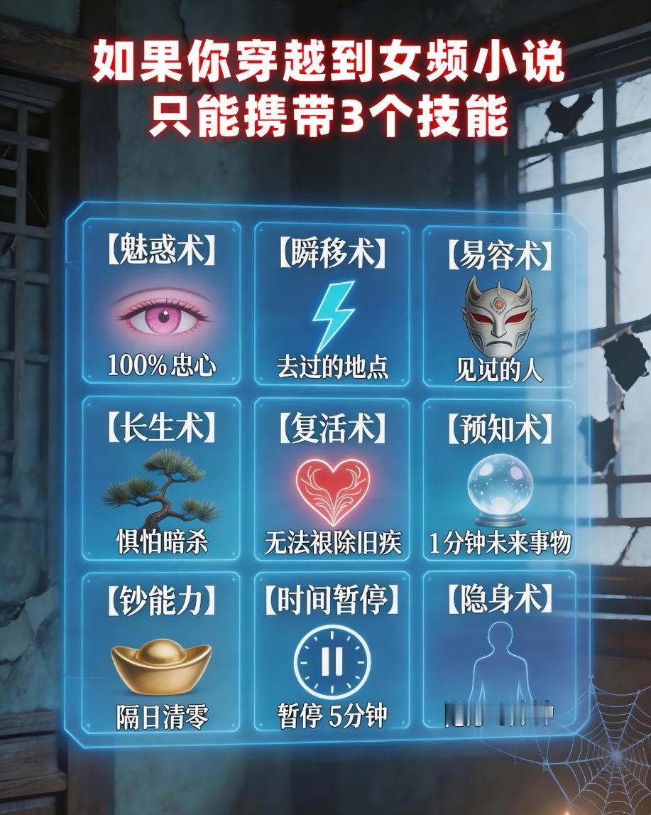 如果你穿越到女频小说，只能携带3个技能，你会怎么选？
技能选项：
１．【魅惑术】