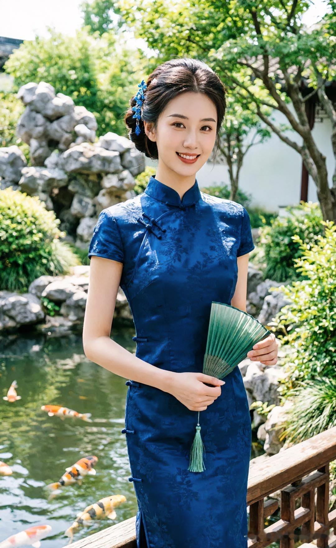 一袭靛蓝旗袍，惊艳了园林时光。佳人浅笑嫣然，执扇立于池畔。锦鲤戏水，绿意盈眸，将