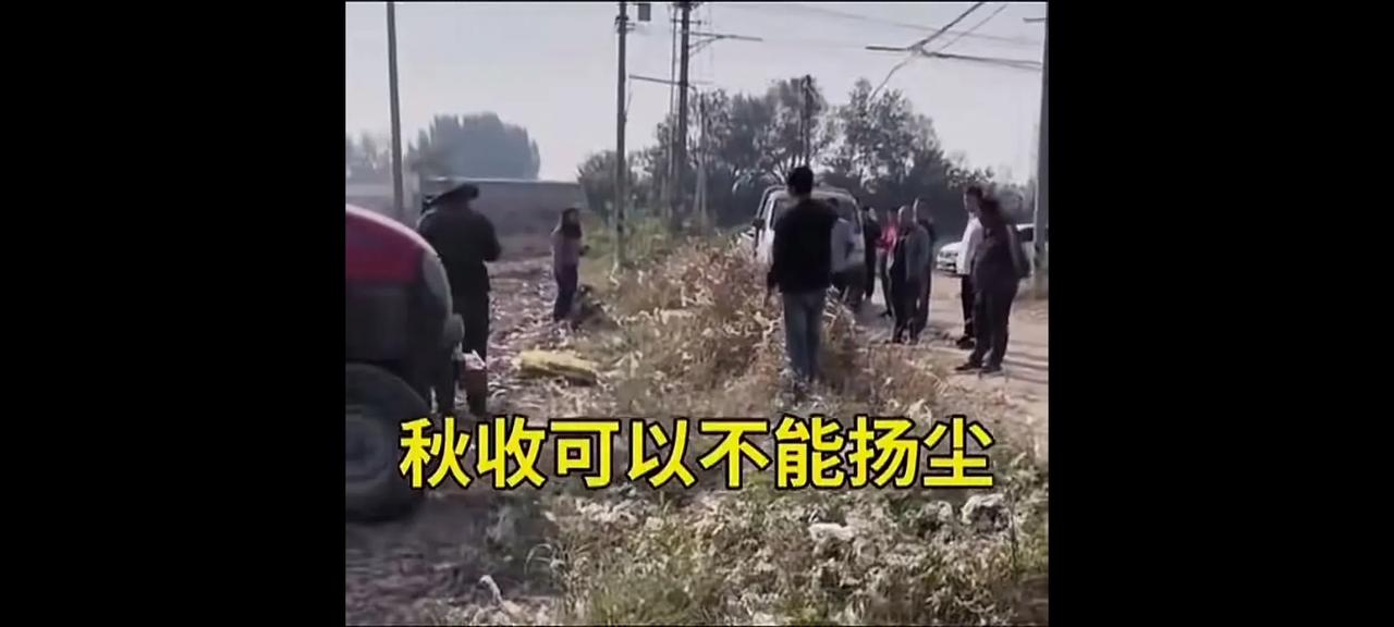 秋收可以，但不能扬尘，这是环保规定。一个貌似官员的人在阻止机器收割庄家，他嫌灰尘