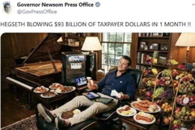 加州州长纽森直接在社交媒体放了张图，画面里国防部长赫格塞思躺在躺椅上，身边全是龙