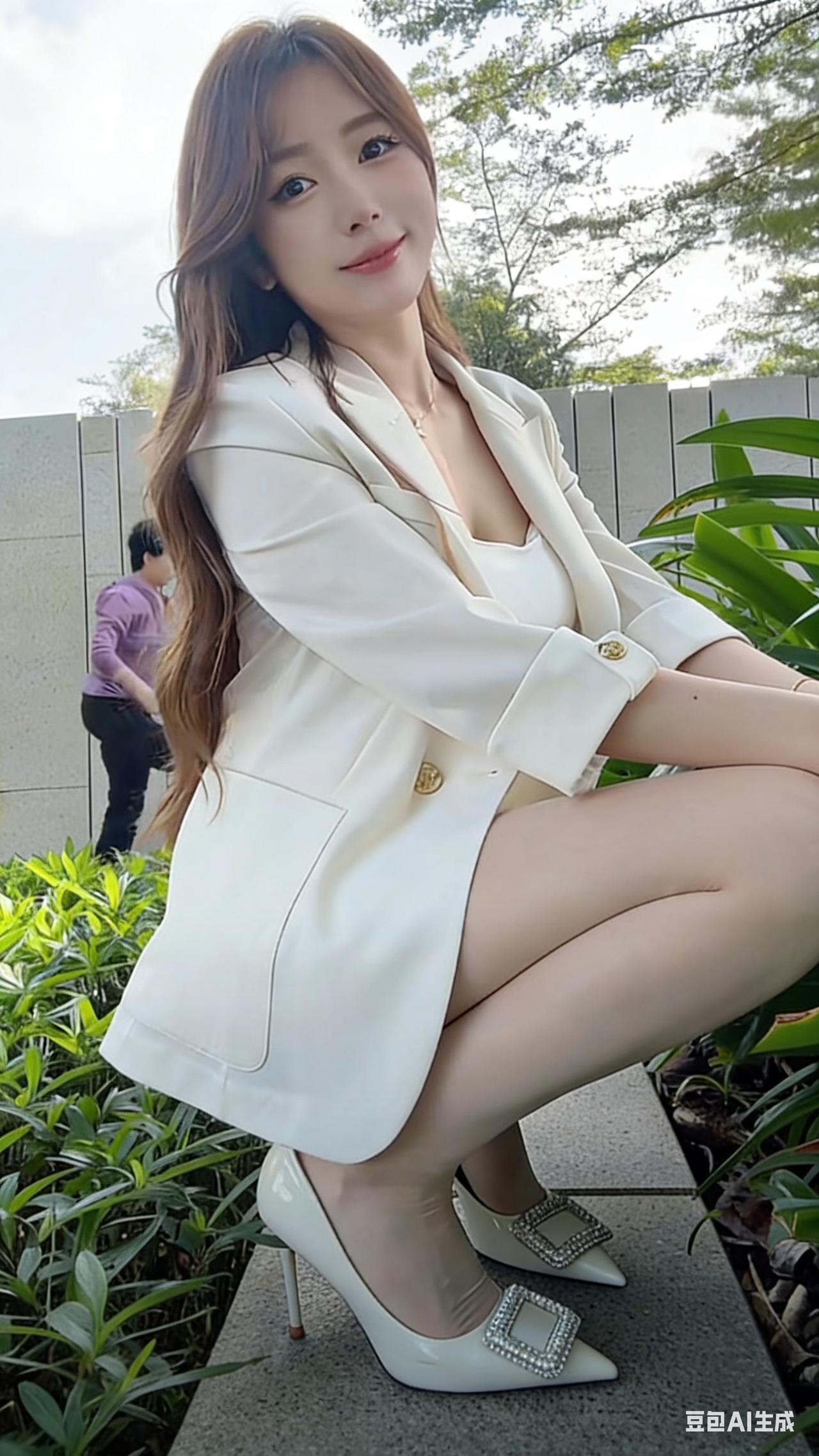 她的双腿线条修长，搭配肤色透明丝袜，在光线下若隐若现，更添了几分柔媚。脚上是一双