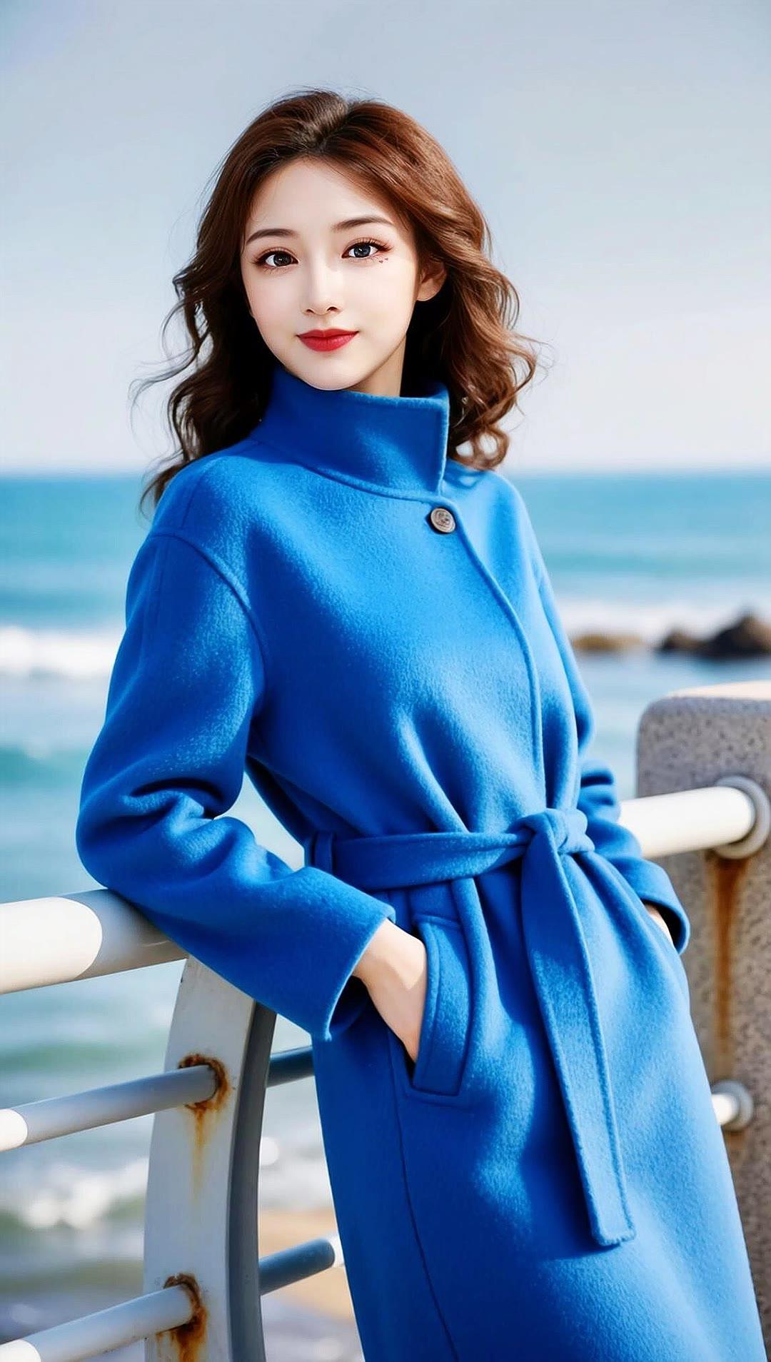 海边漫步，蓝色外套，温柔的海风，享受美好时光。