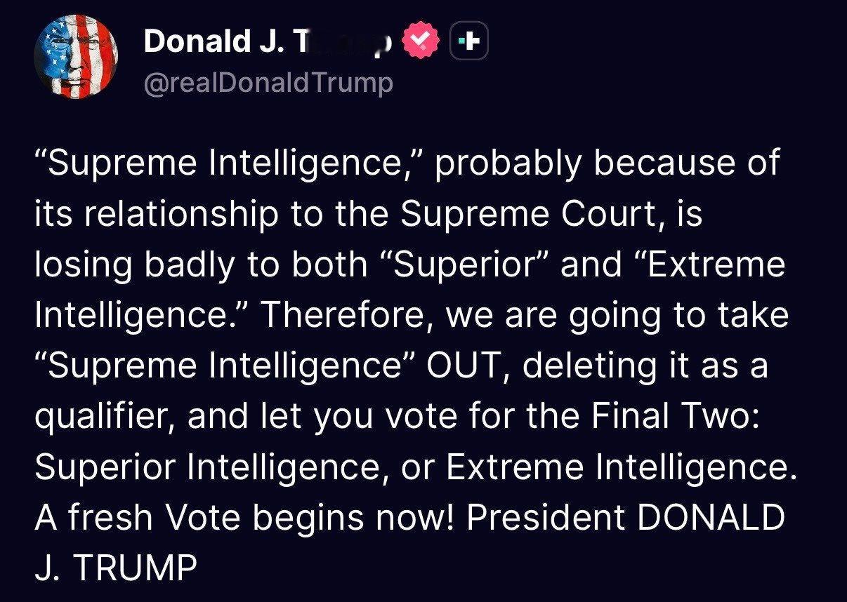 美国总统特朗普表示，他已将“人工智能”（AI）这一术语的更名选项缩小为“卓越智能