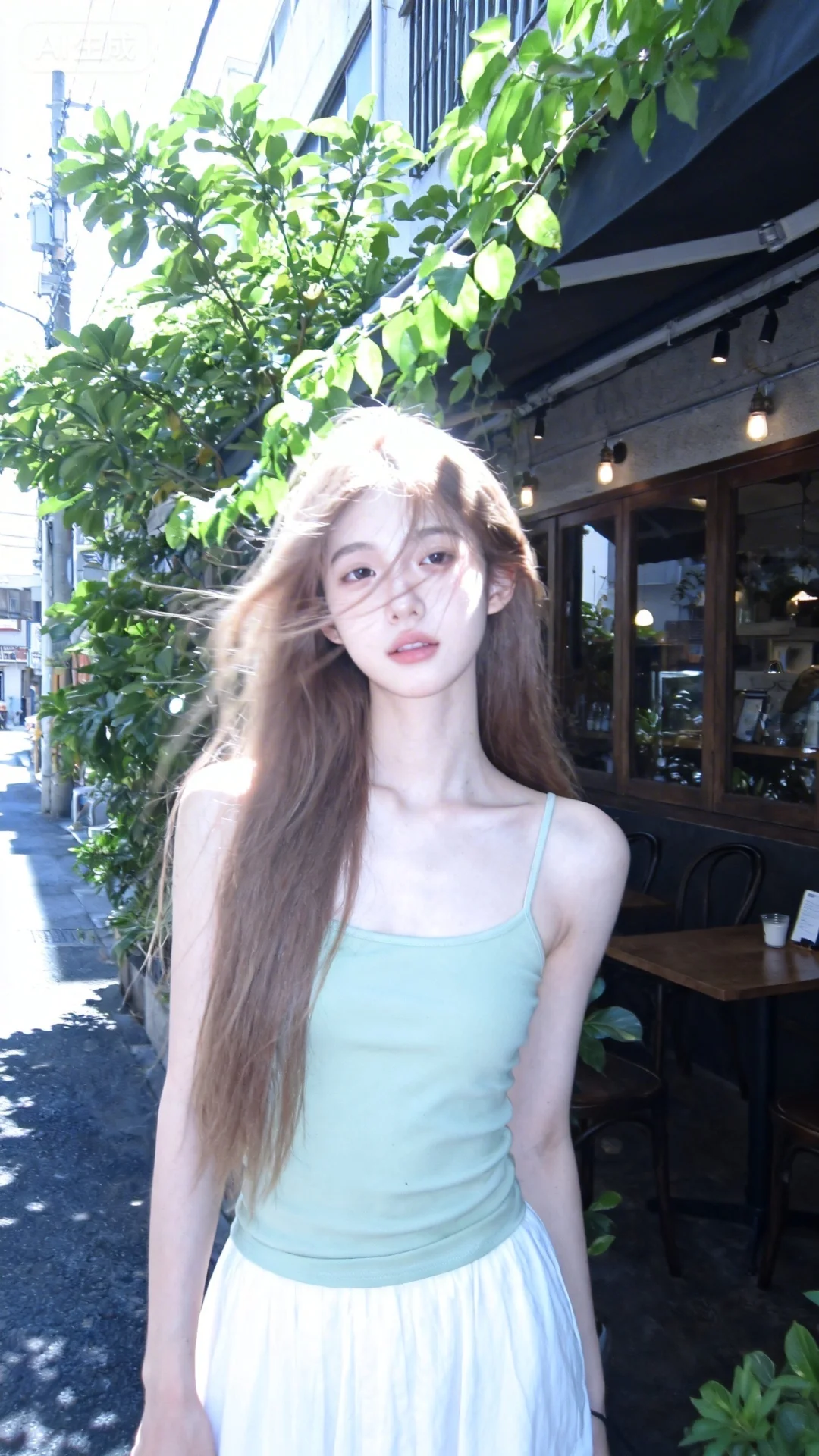 梦幻朦胧感，晴天柔和光线笼罩下，街角咖啡馆外的绿植旁，一位浅亚麻棕色长发及腰、模
