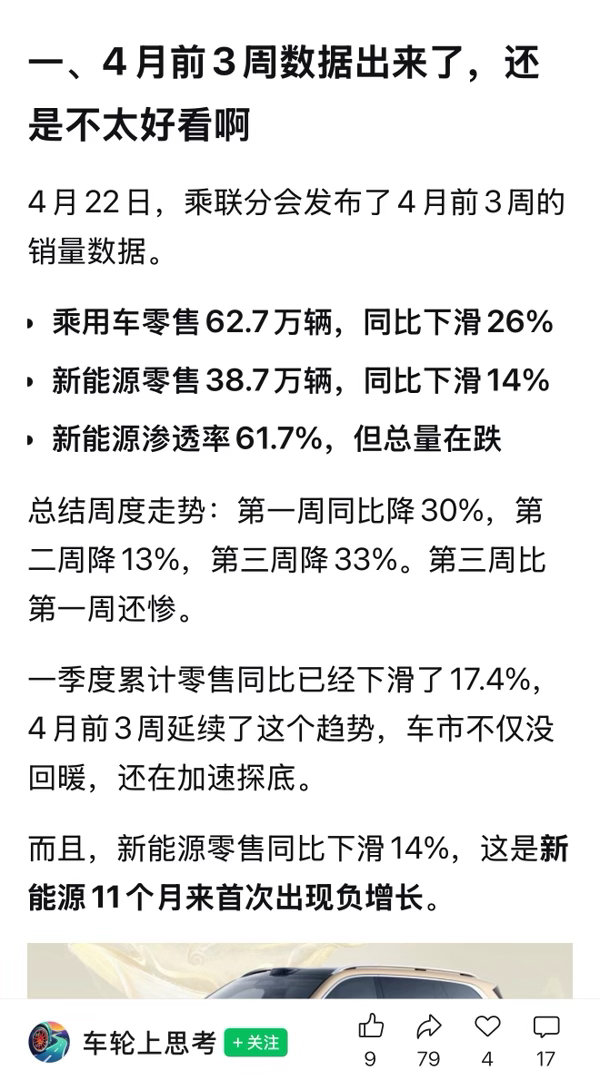 眼看就要进入五月了，车市还是没什么起色。要是五月还是这个样子，那么多数车企今年能