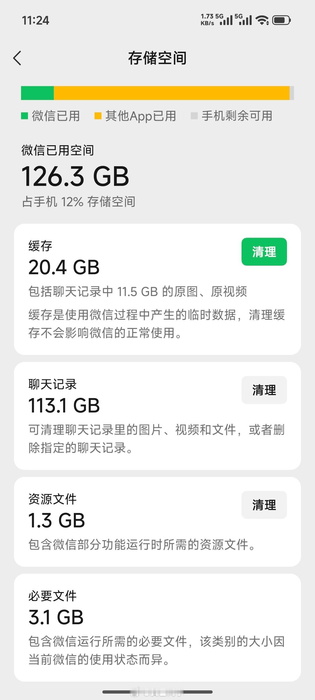 我这 1T 大内存的手机也满了，微信占了 126G 图片视频，主要是以前老手机内