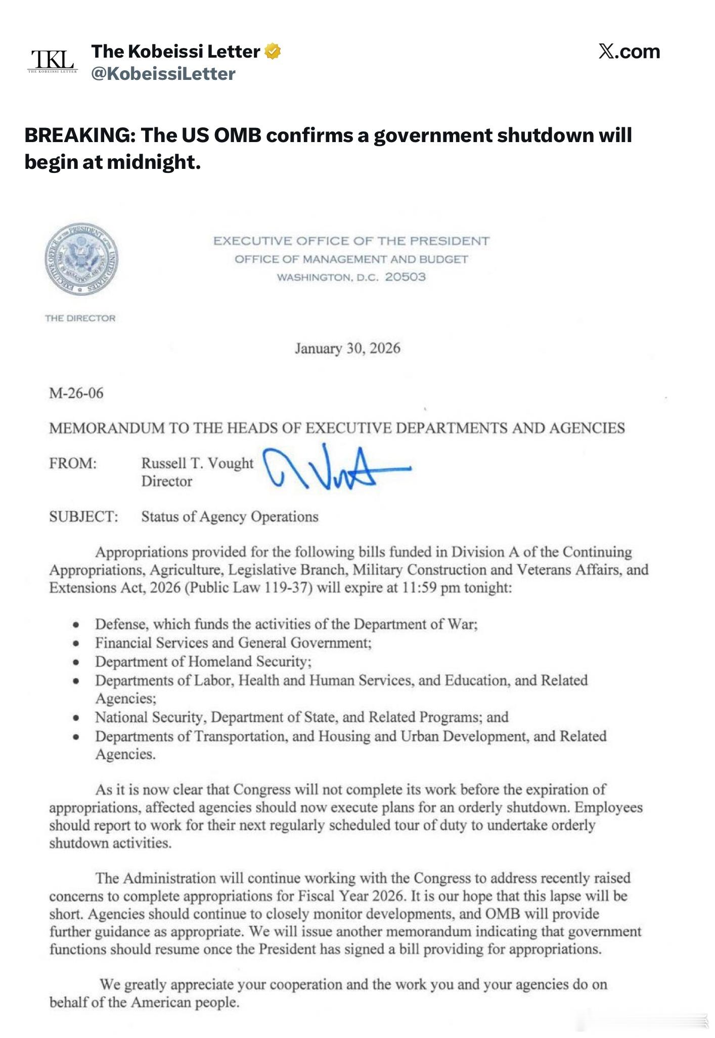 美國聯邦政府已正式進入「部分停擺」狀態，美國行政管理和預算辦公室確認，聯邦政府將