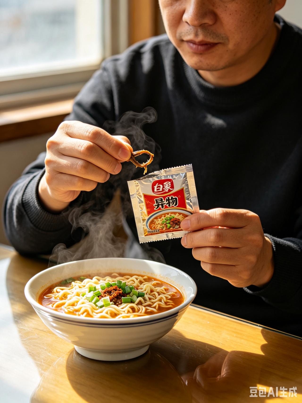 近日，一位市民食用白象方便面时，从调料包中发现疑似异物，乍一看以为是虫子，心里不