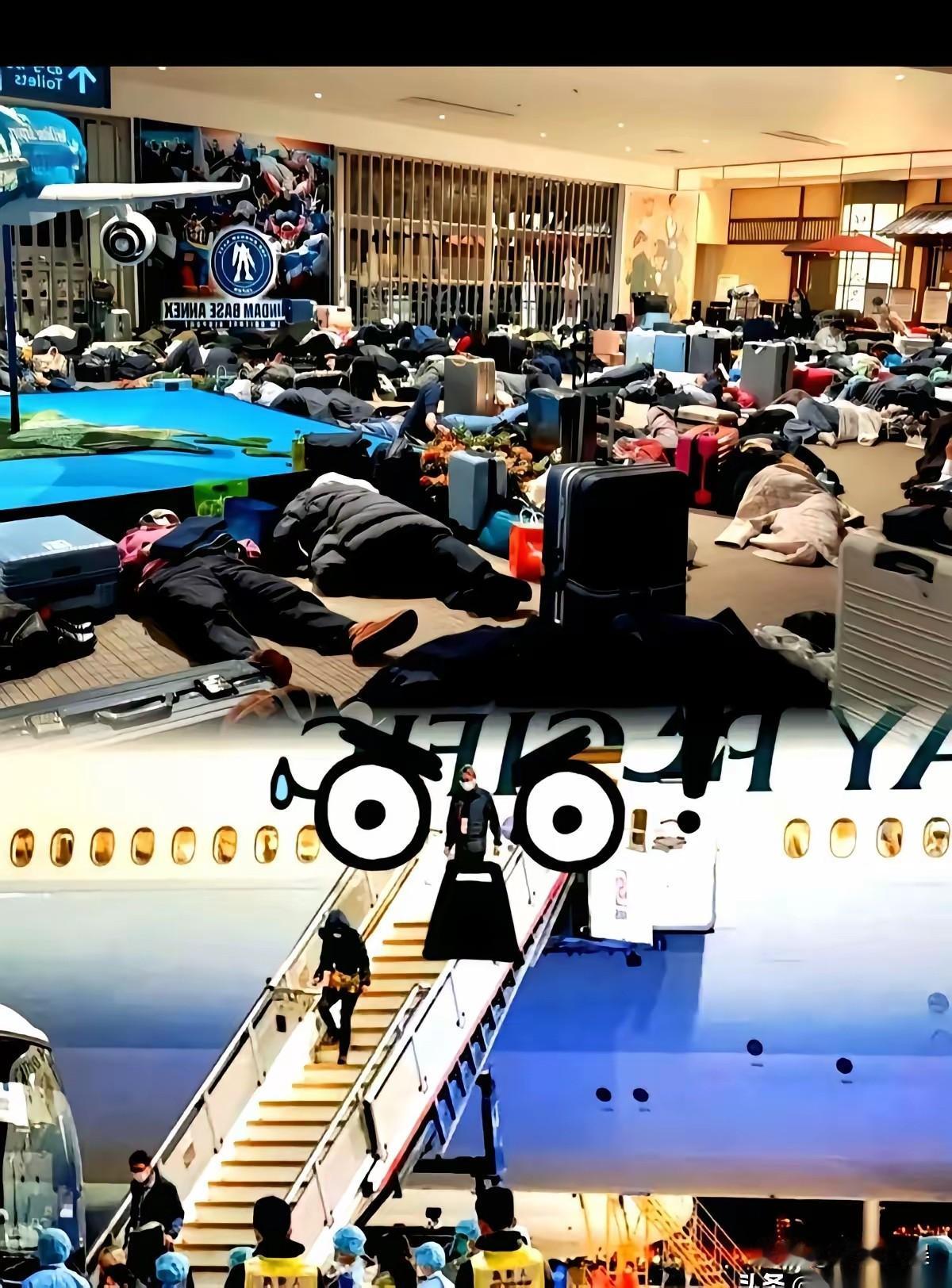 北海道机场那个视频，真是一绝。
一群人把柜台围得水泄不通，一个男人涨红了脸，用手