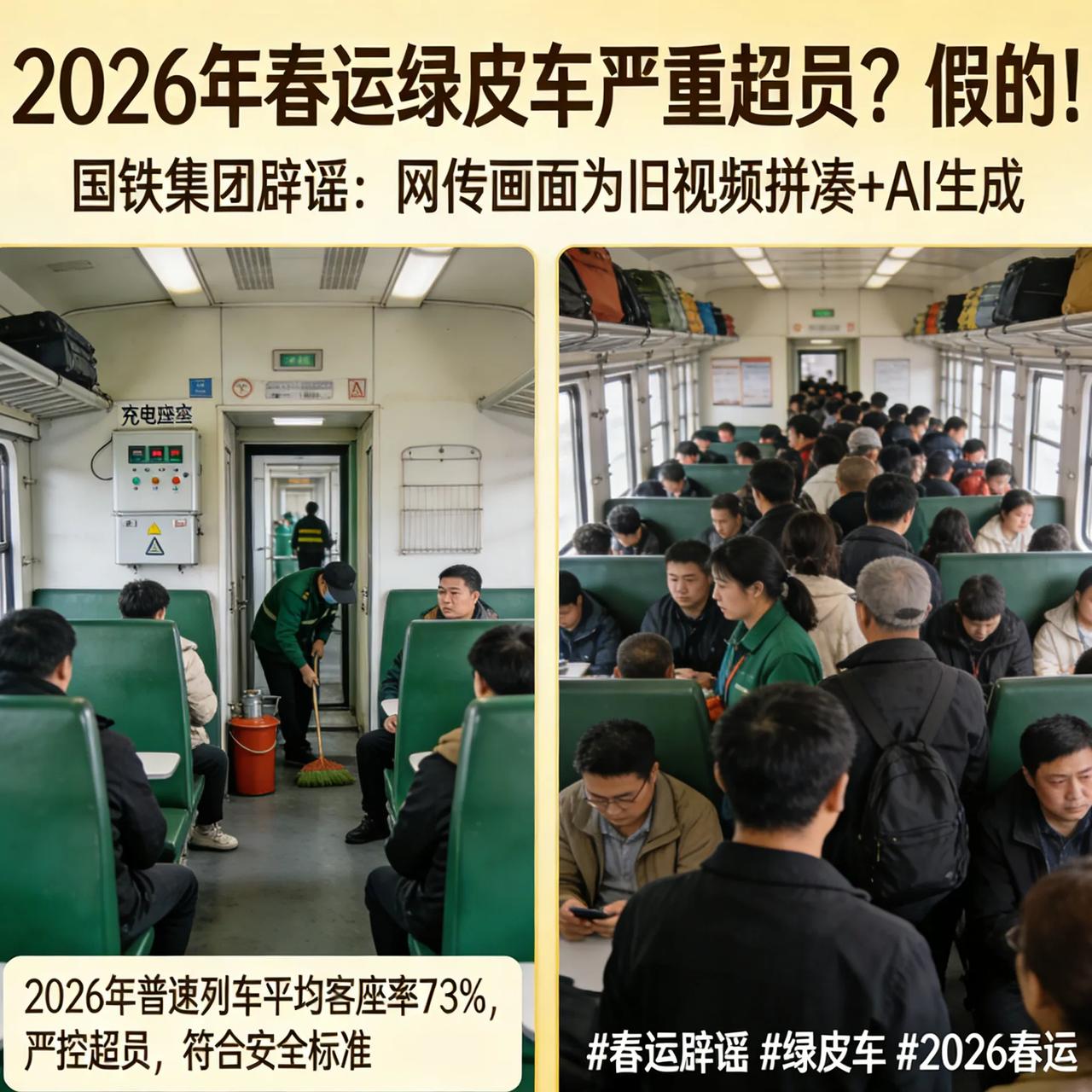 别信！今年春运绿皮车严重超员？假的！
 
最近刷到不少绿皮车挤到爆的视频，很多人